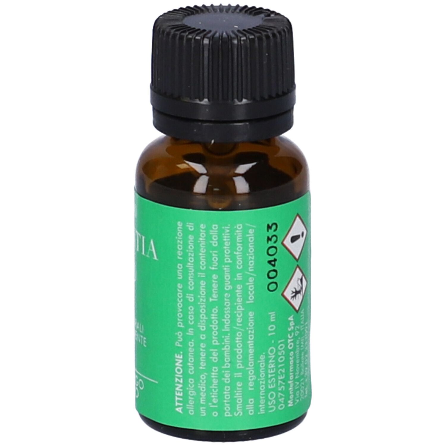 Flacone di vetro marrone con tappo nero. Etichetta verde con avvertenze e ingredienti in italiano.