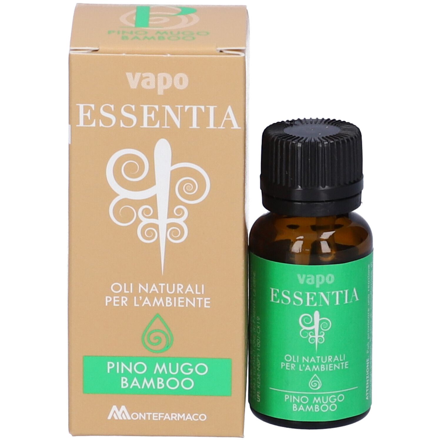 Flacone di vetro marrone con tappo nero e scatola. Scatola con testo bianco: Vapo Essentia, Olio naturali per l'ambiente, Pino Mugo Bamboo.