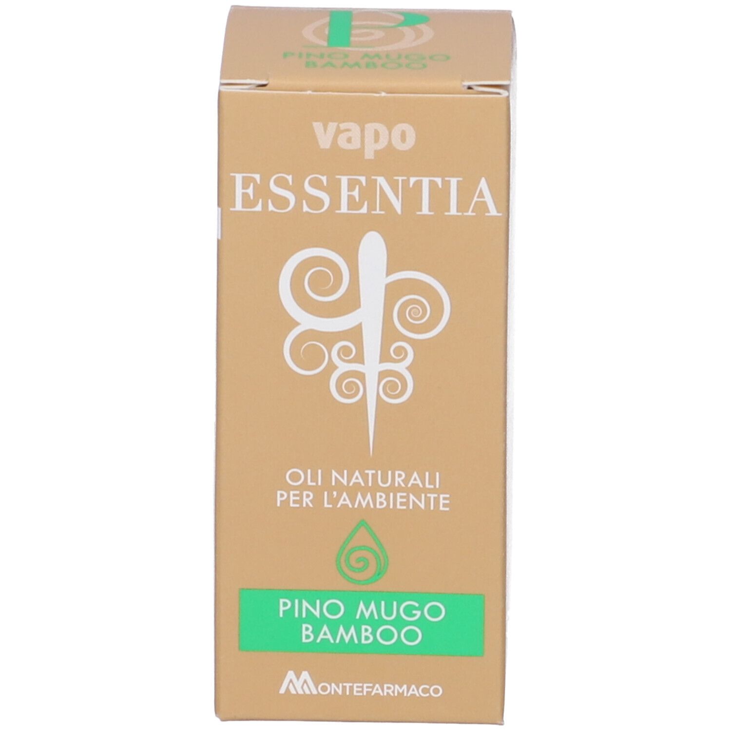 Scatola con testo bianco: Vapo Essentia, Olio naturali per l'ambiente, Pino Mugo Bamboo. Logo Montefarmaco.