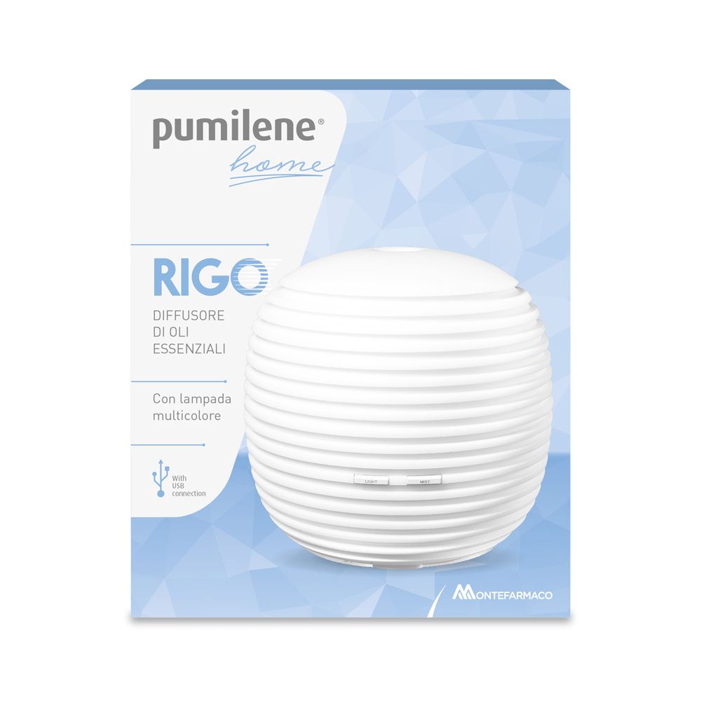 Confezione del prodotto con diffusore bianco. Scritto: Pumilene Home Rigo Diffusore Ultrasuoni. Marchio: Montefarmaco.