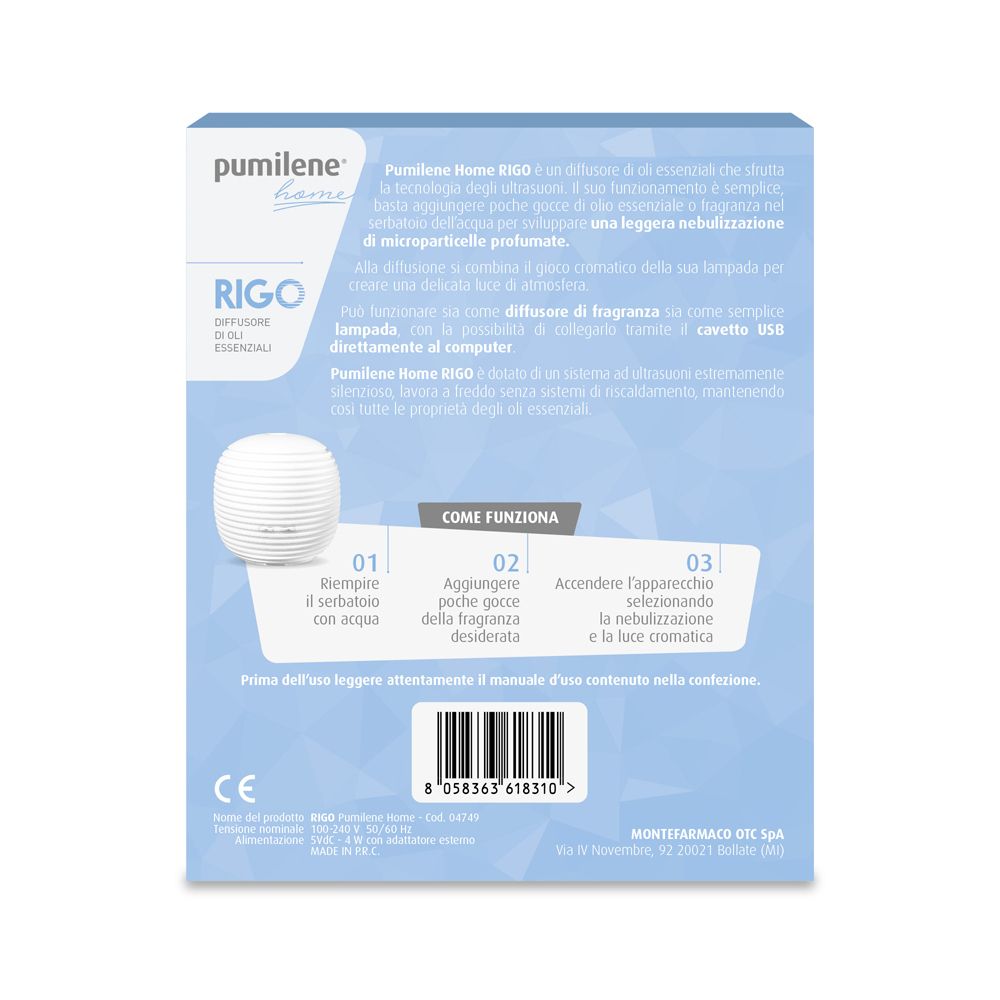Confezione del prodotto con diffusore bianco. Scritto: Pumilene Home Rigo Diffusore Ultrasuoni. Descrizione del funzionamento.