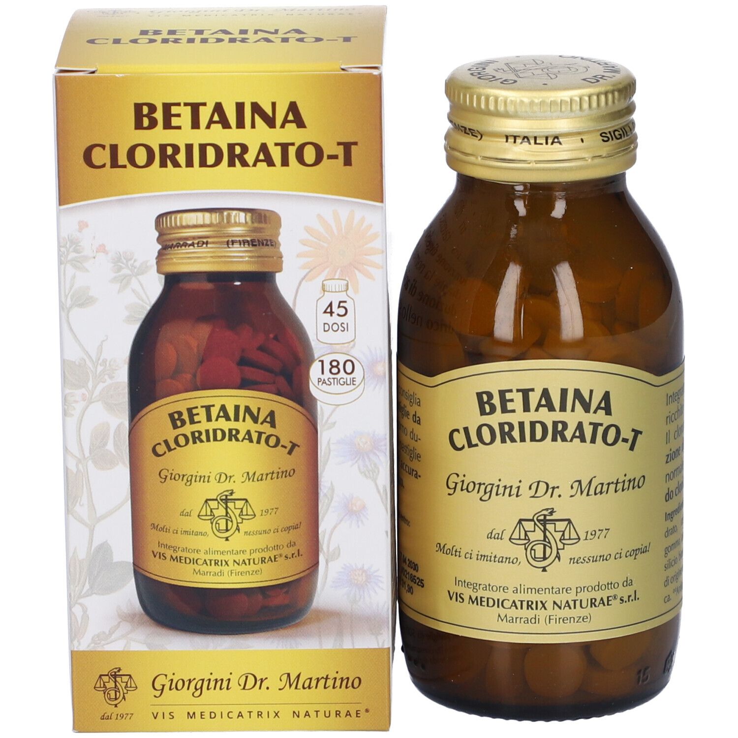 Confezione e flacone del prodotto. Scatola con nome del prodotto e flacone con compresse.