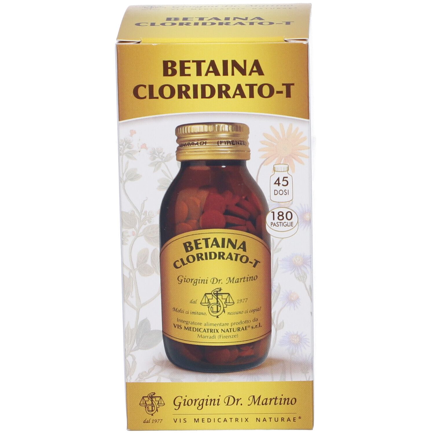 Confezione del prodotto. Scatola con nome del prodotto e immagine del flacone. Contiene compresse.