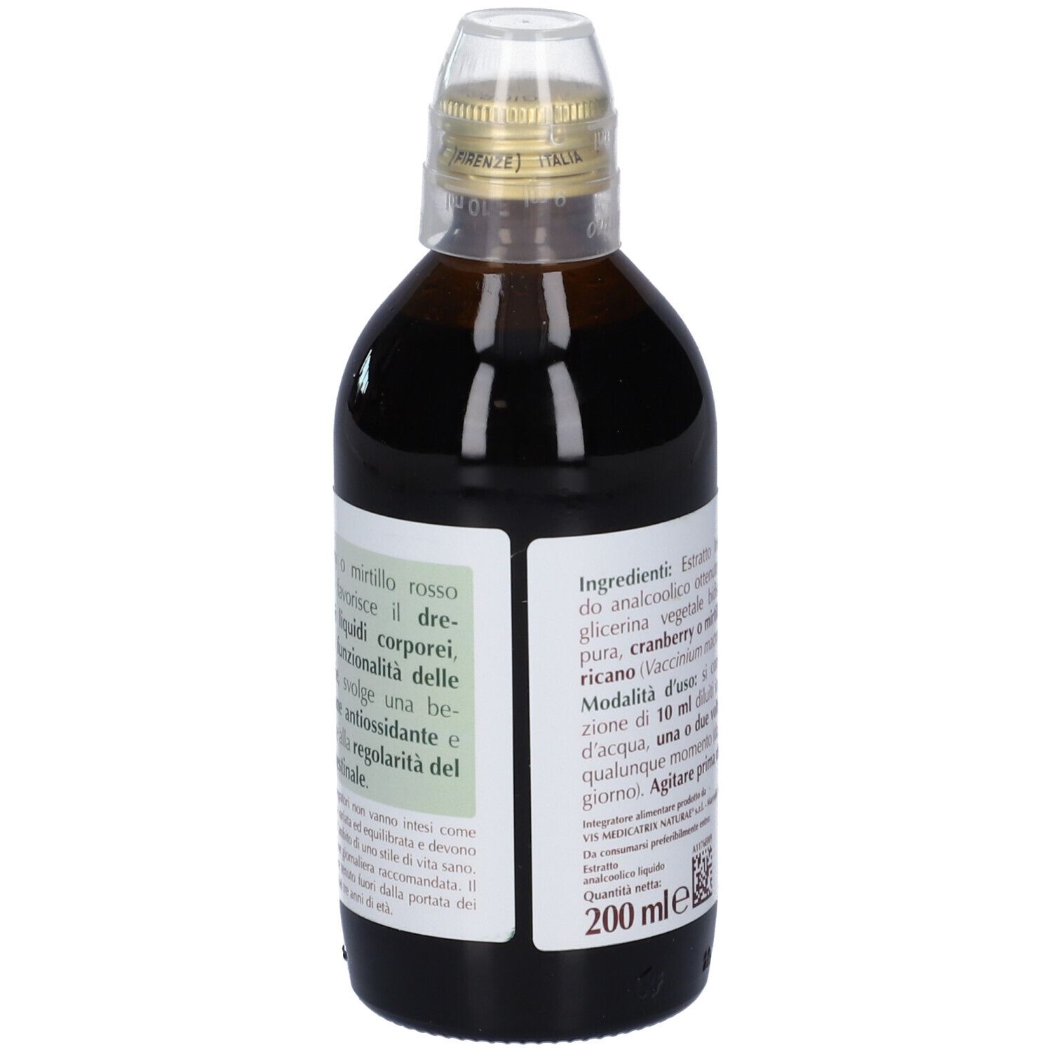 Bottiglia di vetro marrone con etichetta. Testo: Cranberry, ingredienti, 200 ml.