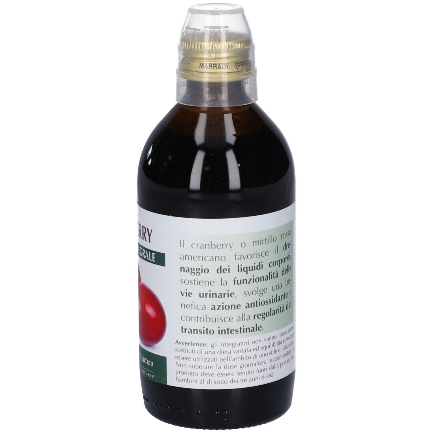 Bottiglia di vetro marrone con etichetta. Testo: Cranberry, ingredienti, istruzioni per l'uso.