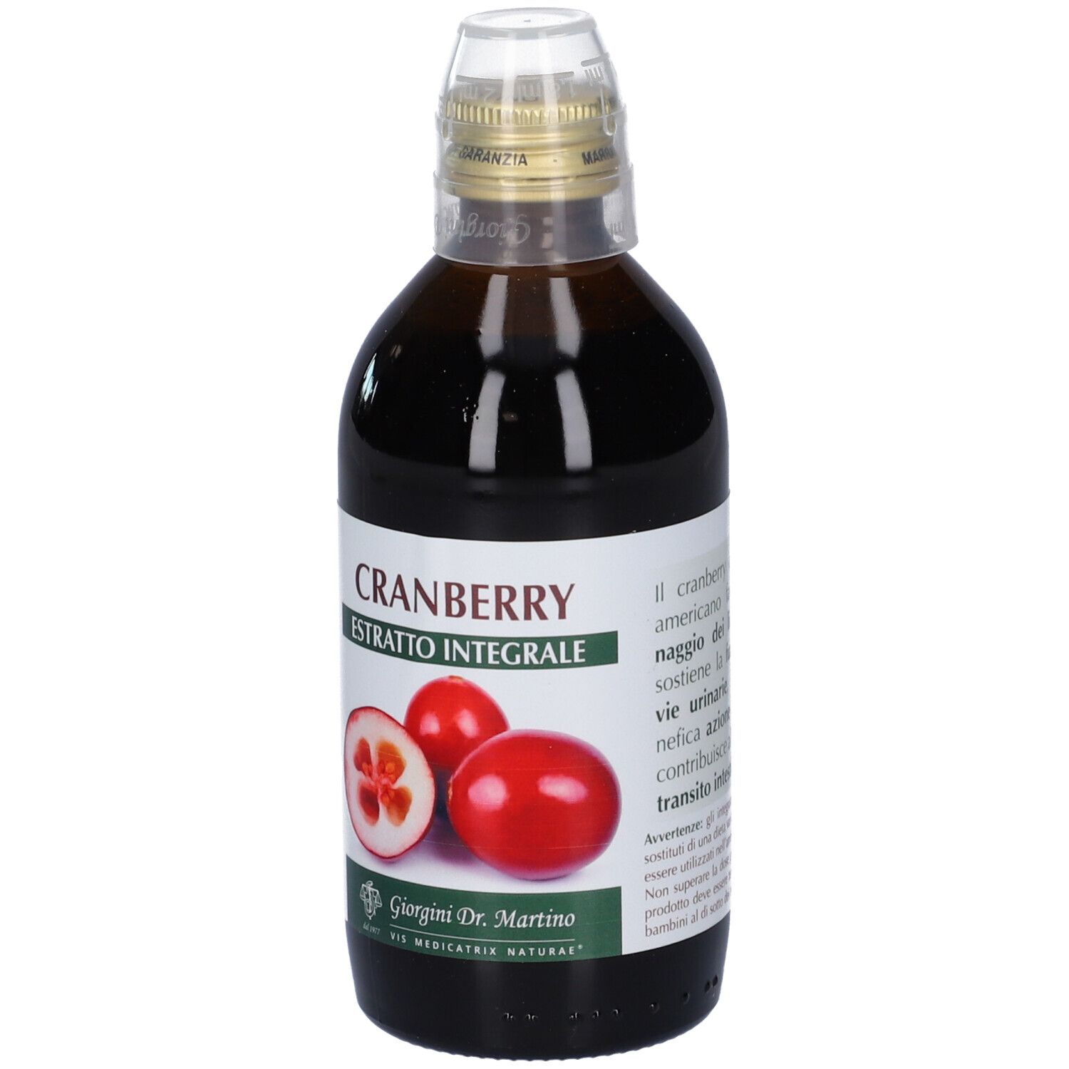 Bottiglia di vetro marrone con etichetta Cranberry. Illustrazione di frutti di mirtillo rosso. Tappo trasparente.