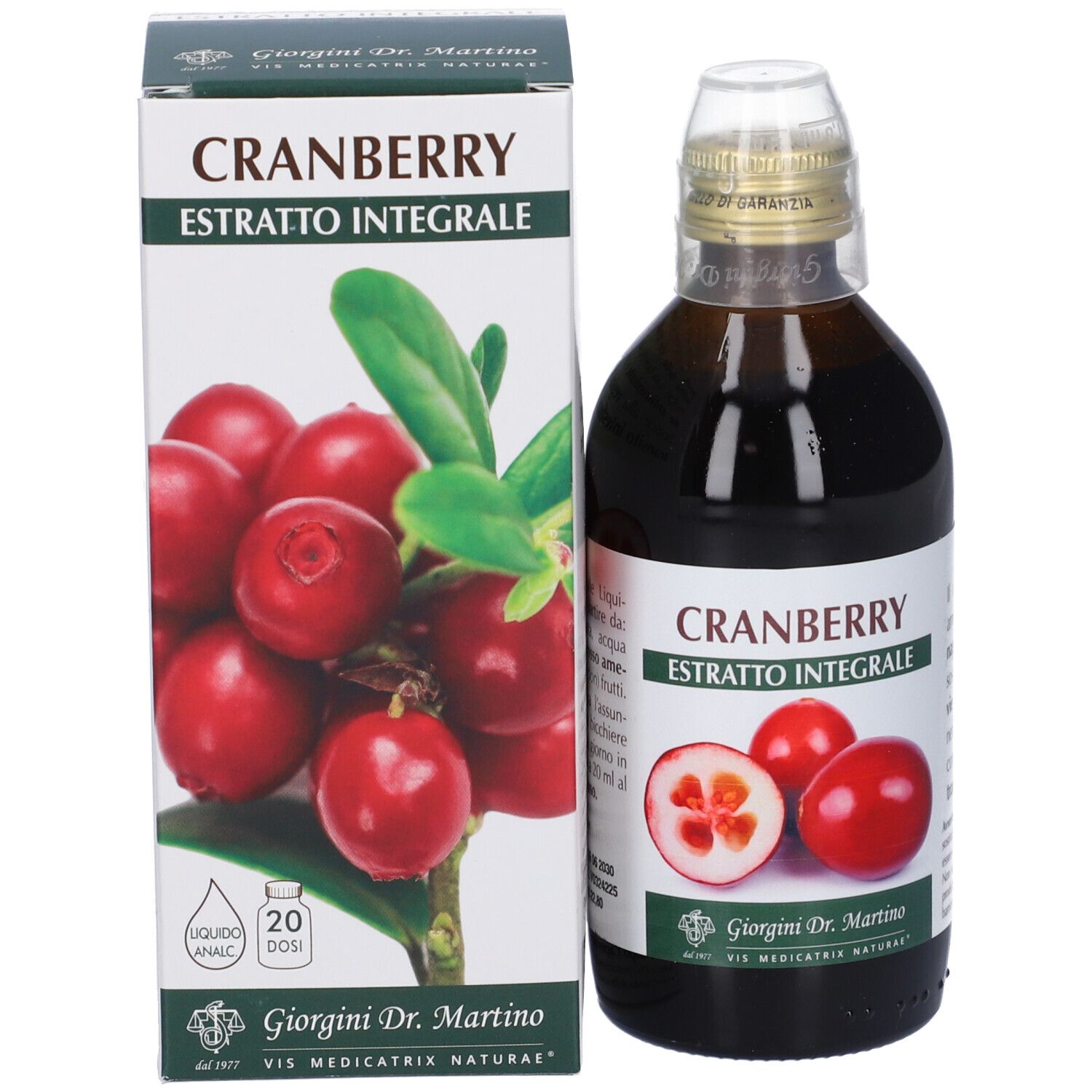 Bottiglia e scatola del prodotto. Scatola con illustrazione di mirtilli rossi e testo. Bottiglia accanto.