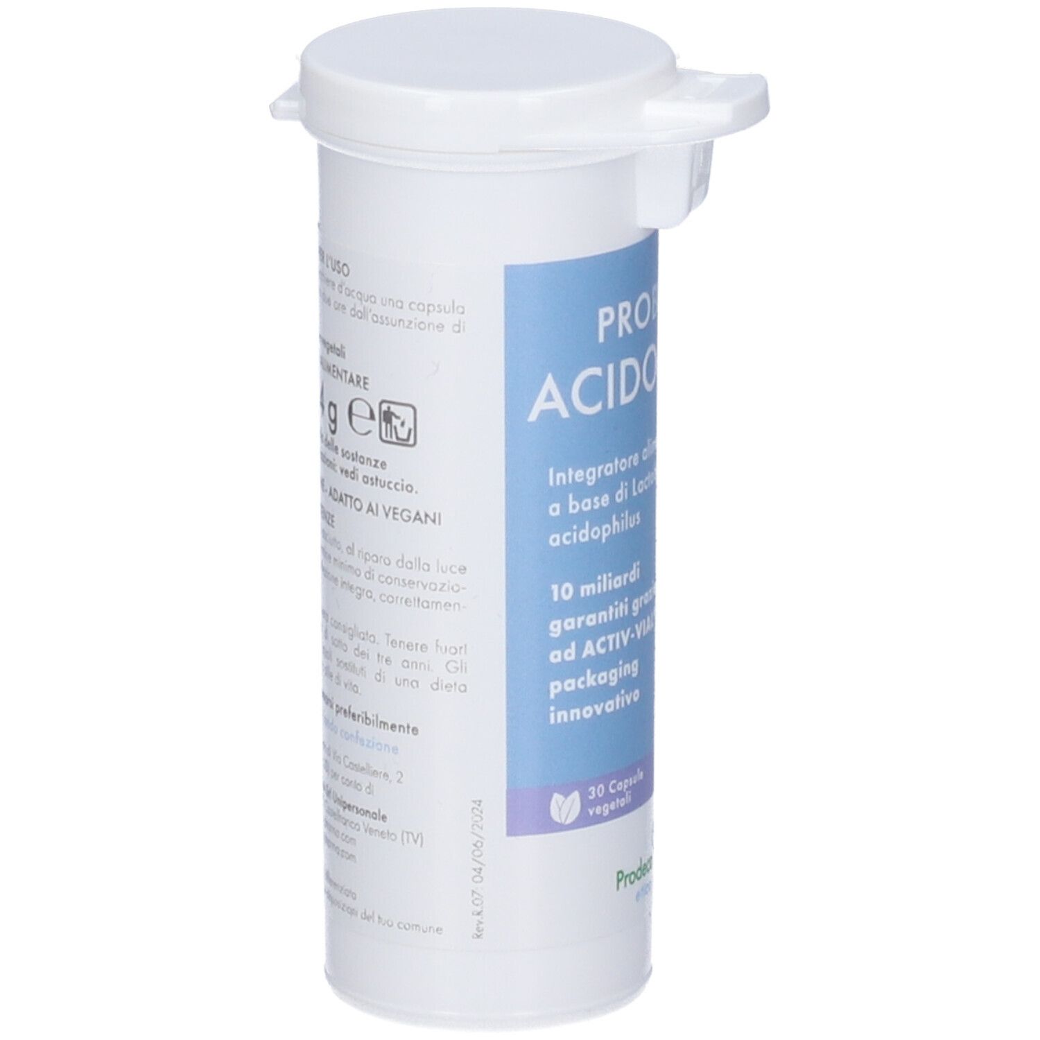 Flacone bianco con etichetta blu. Scritta: PROBIOTIC+ ACIDOPHIPLUS. 30 capsule. Dettagli e ingredienti.