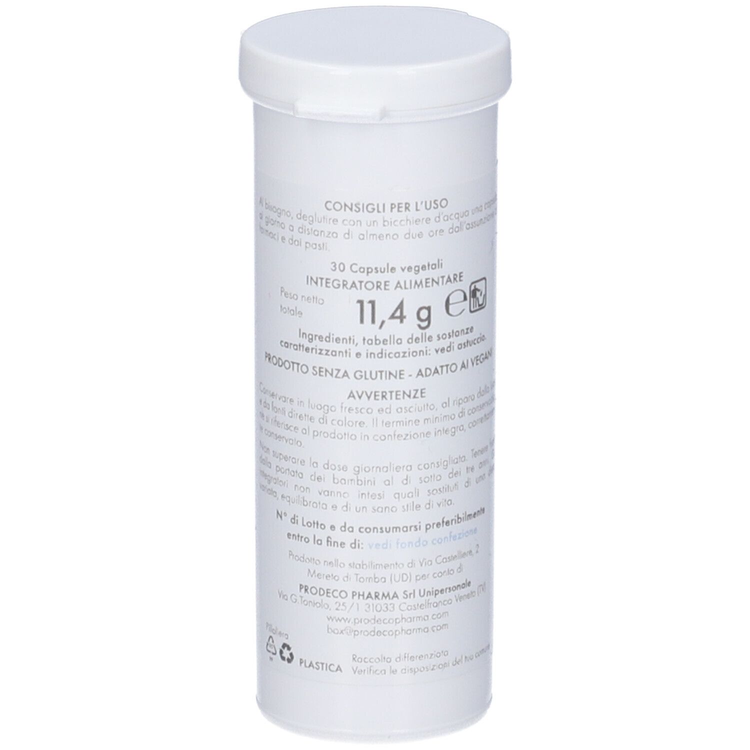Flacone bianco con testo. Scritta: 30 capsule, 11,4 g. Ingredienti, indicazioni. Marchio: Prodeco Pharma.