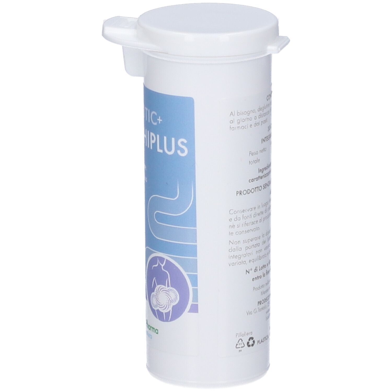 Flacone bianco con etichetta blu. Scritta: PROBIOTIC+ ACIDOPHIPLUS. Marchio: Prodeco Pharma. Schema dell'intestino.