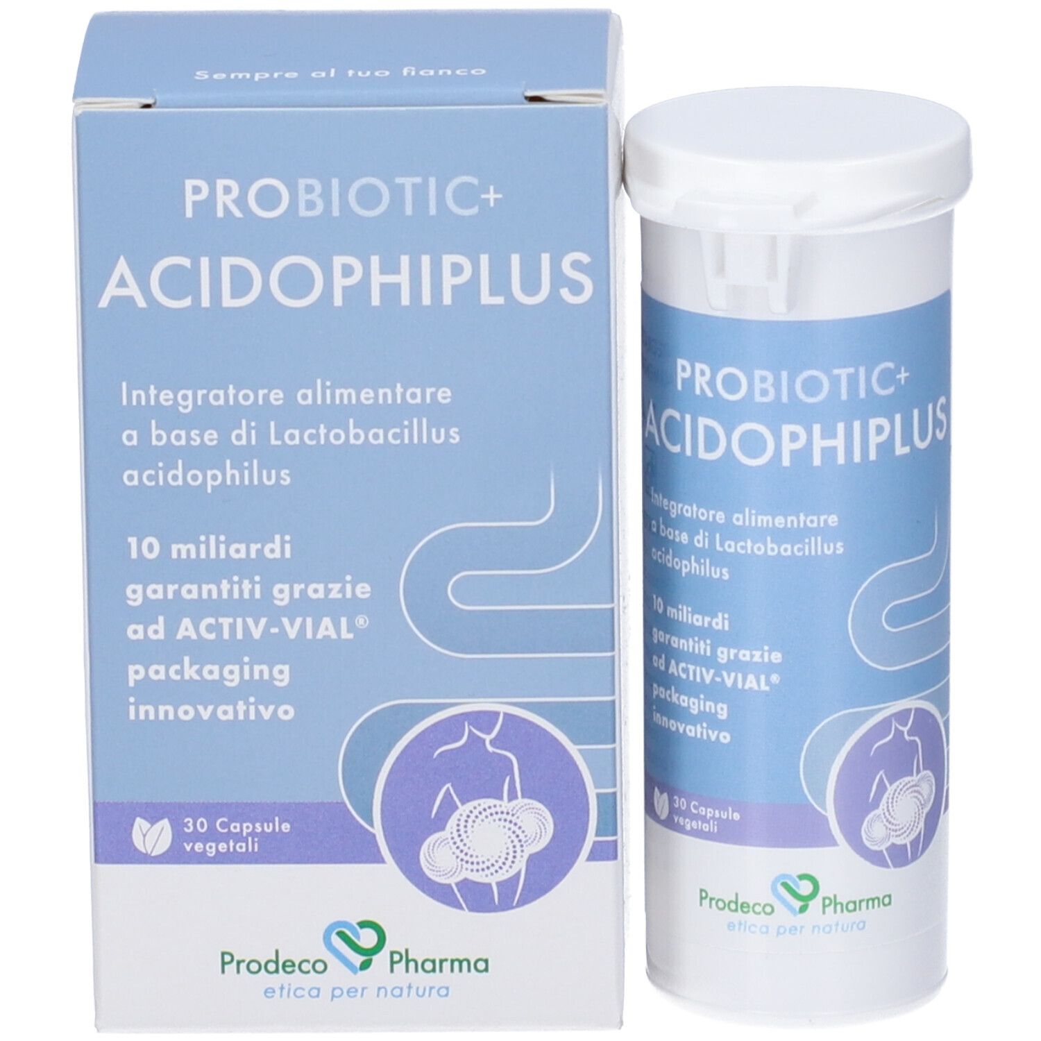 PROBIOTIC+ ACIDOPHIPLUS, flacone e scatola. 30 capsule. Marchio: Prodeco Pharma. Schema dell'intestino.