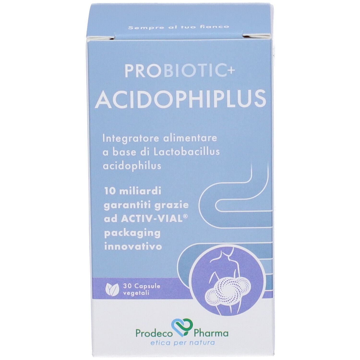 PROBIOTIC+ ACIDOPHIPLUS, scatola. 30 capsule. Marchio: Prodeco Pharma. Schema dell'intestino.