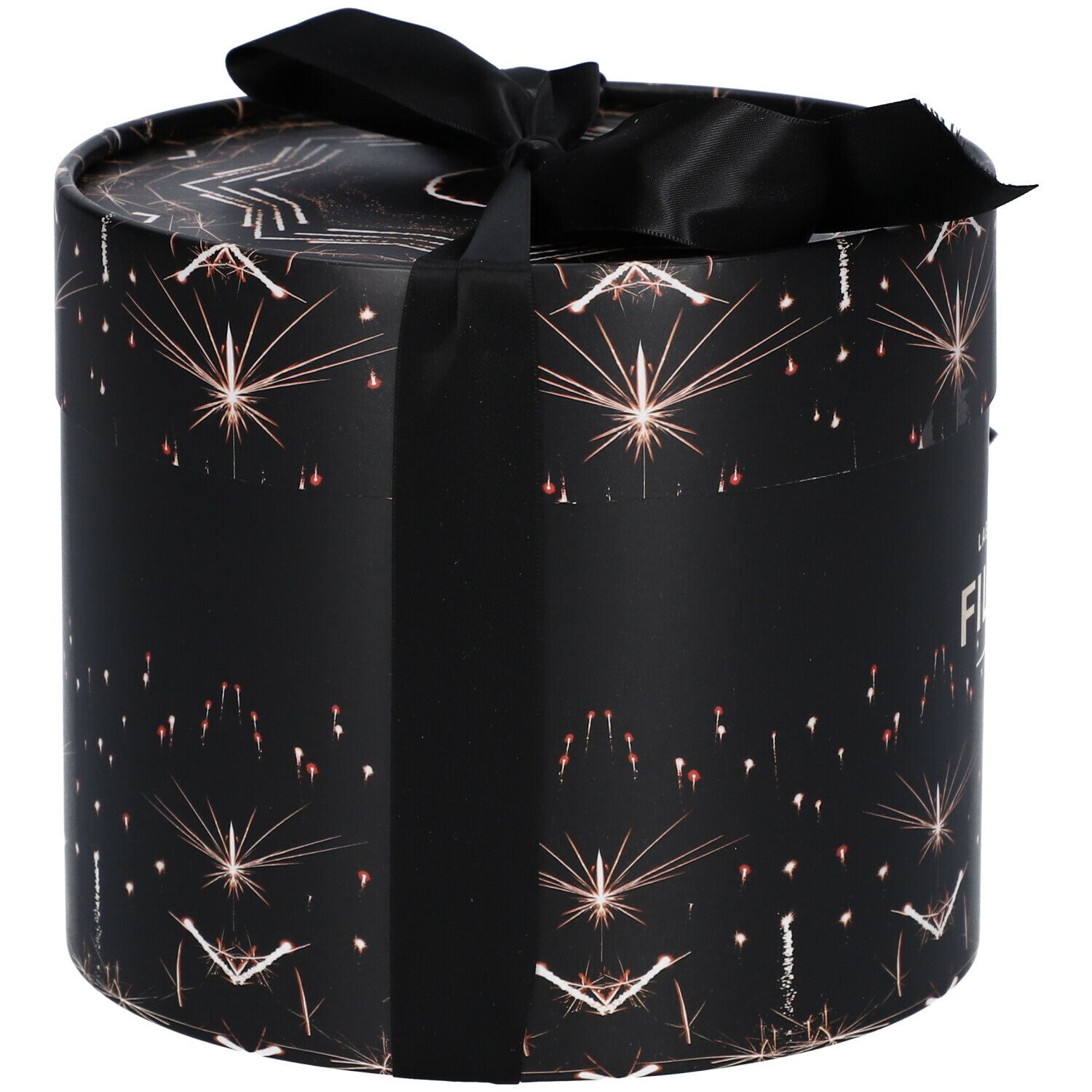 Scatola regalo cilindrica nera, motivo a stelle e fiocco. Logo FILORGA sul nastro.