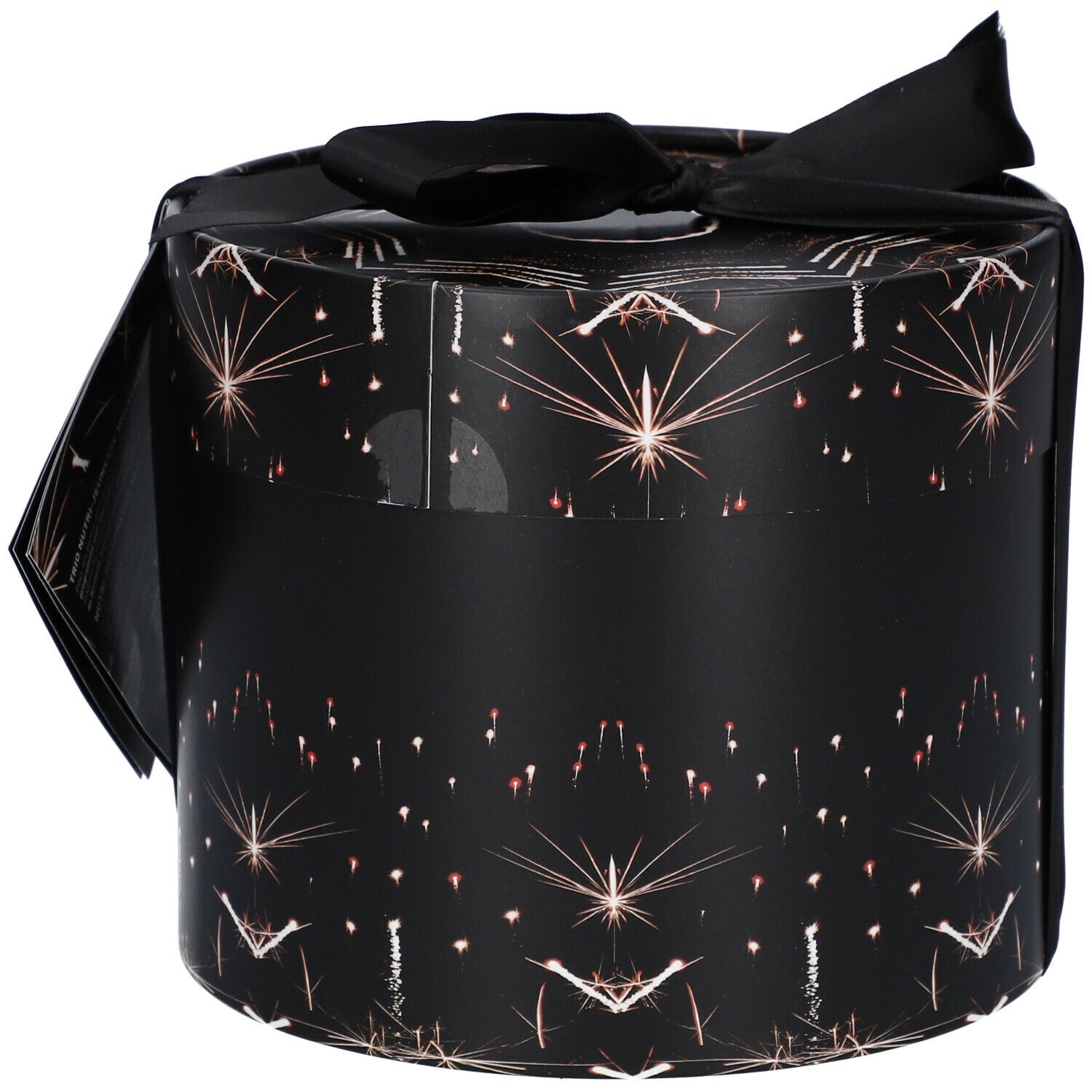 Scatola regalo cilindrica nera, motivo a stelle e fiocco. Parzialmente aperta, mostra l'interno.