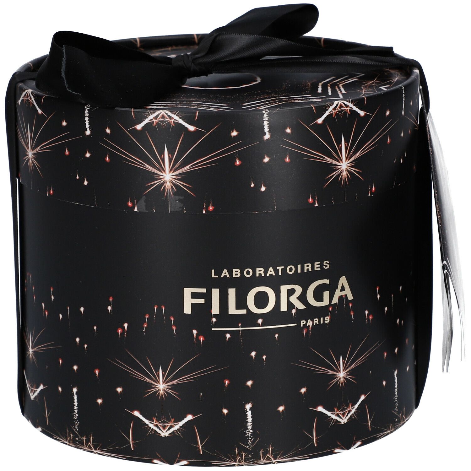Scatola regalo cilindrica nera, motivo a stelle e fiocco. Logo FILORGA sul nastro.