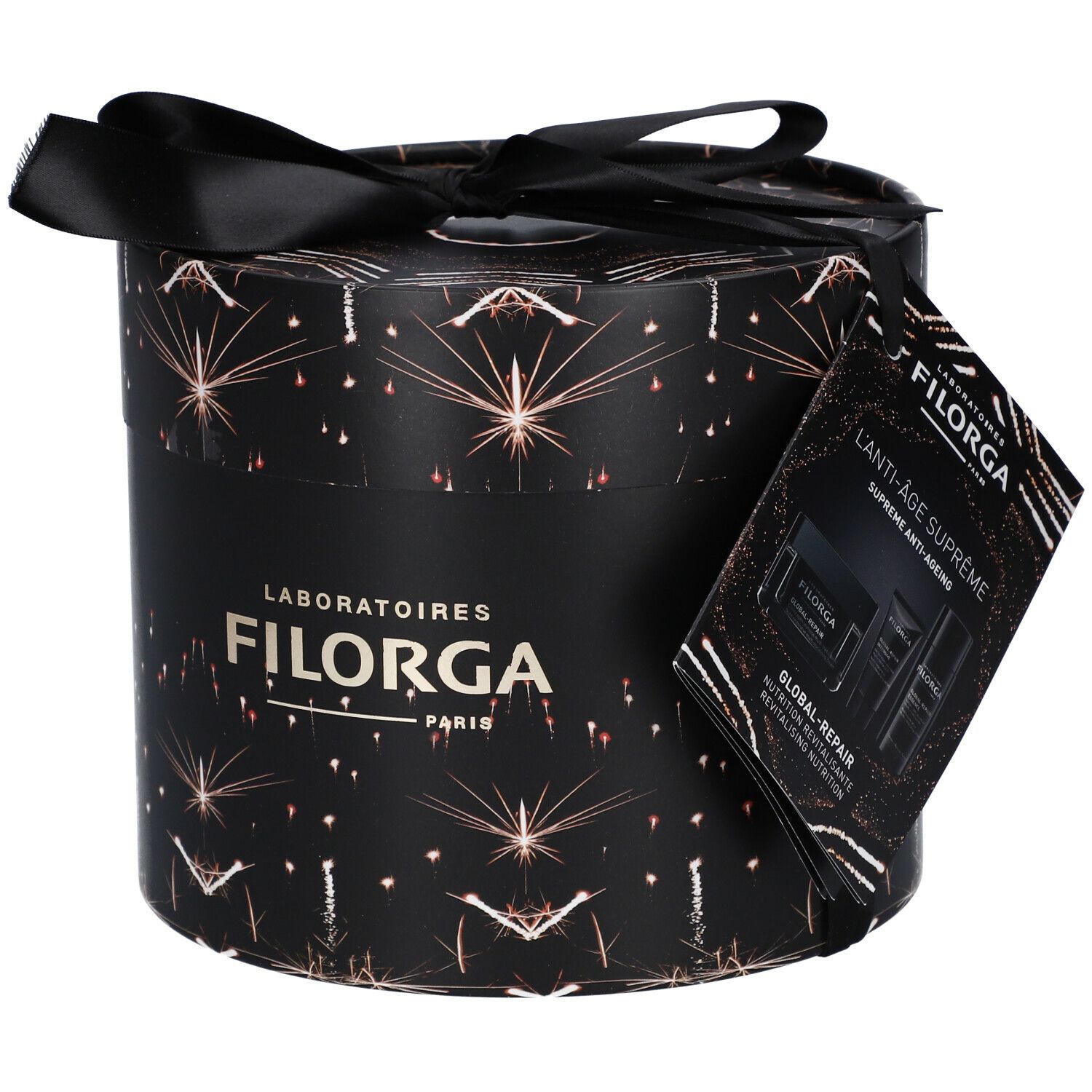 Scatola regalo cilindrica nera, motivo a stelle e fiocco. Logo FILORGA e cartolina prodotto.