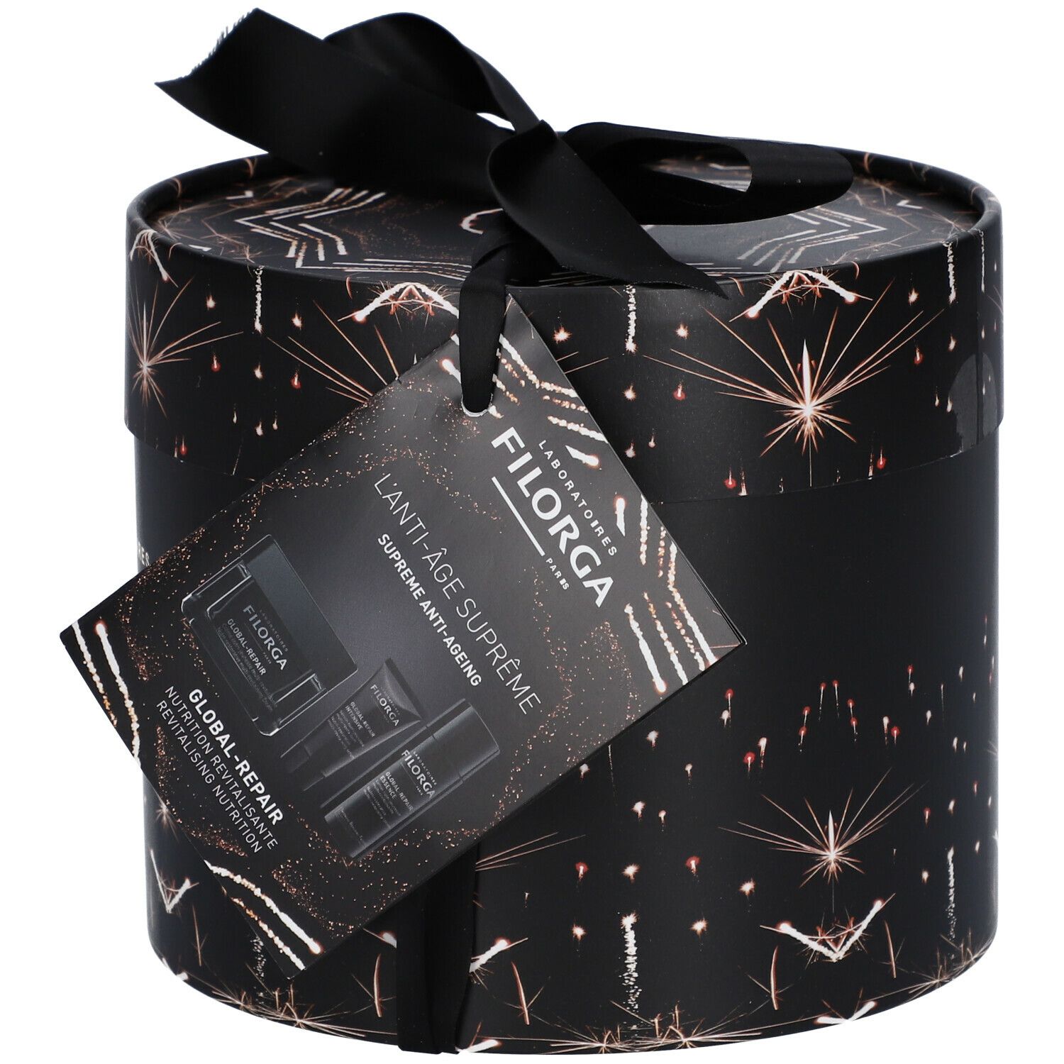 Scatola regalo cilindrica nera, motivo a stelle e fiocco. Cartolina prodotto con logo e nomi.