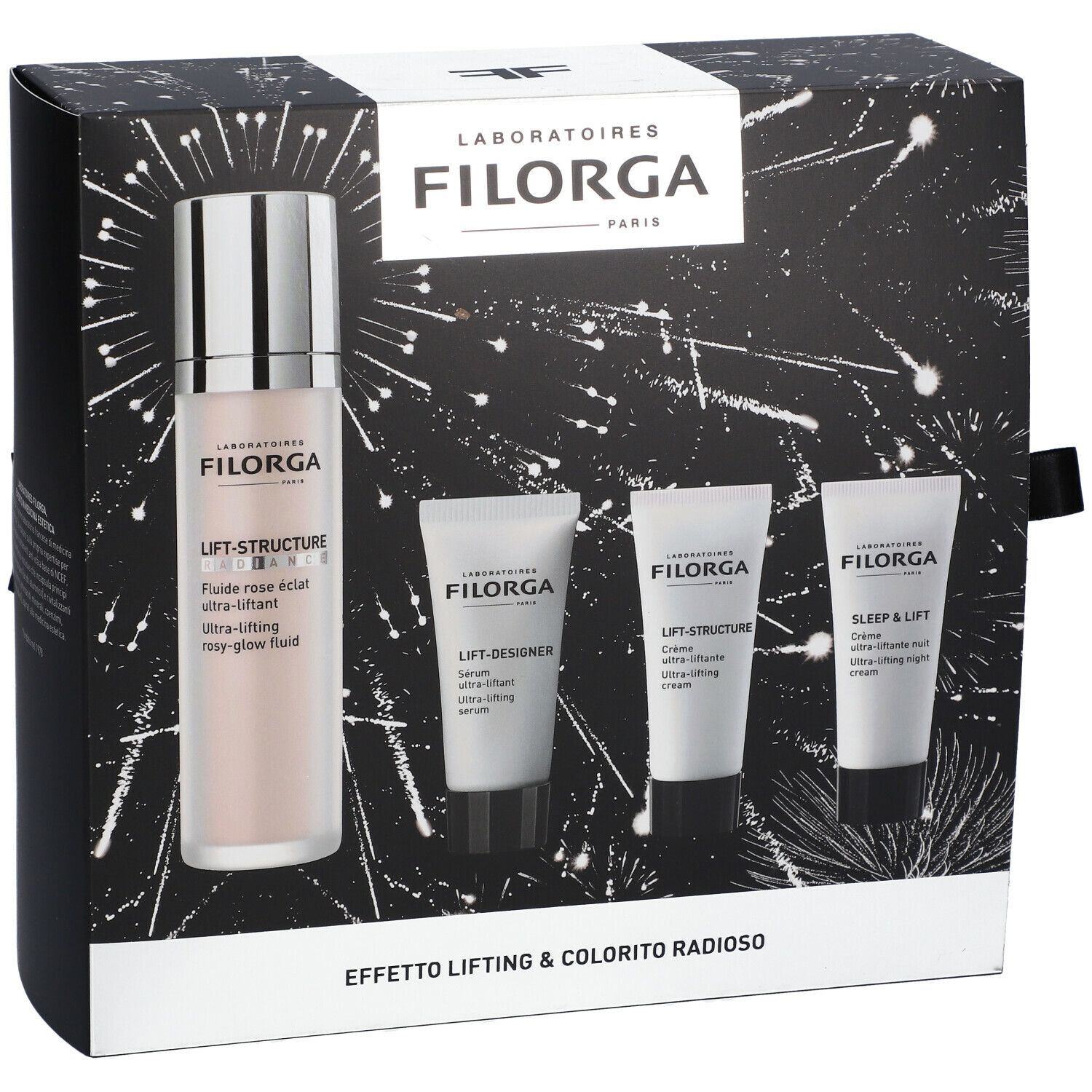 Cofanetto FILORGA. Contiene flacone e tubi. Confezione nera con fiocco. "Effetto Lifting & Colorito Radioso".