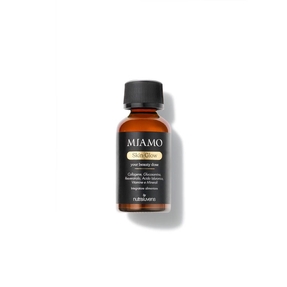Flacone di vetro marrone con tappo nero. Etichetta: Miamo Skin Glow. Contiene collagene e vitamine.