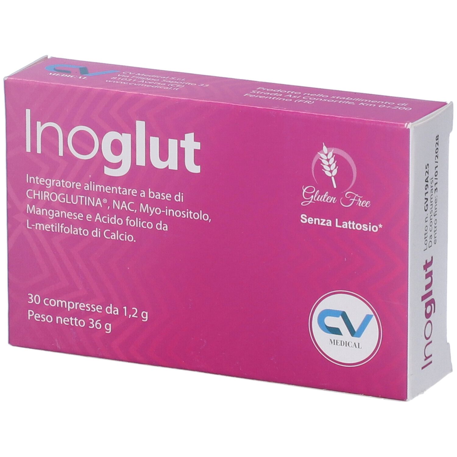 Scatola rosa Inoglut. 30 compresse. Senza glutine, senza lattosio.