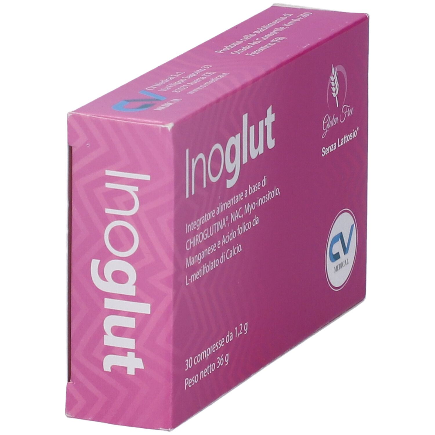 Vista obliqua della scatola rosa Inoglut. 30 compresse. Senza glutine, senza lattosio.