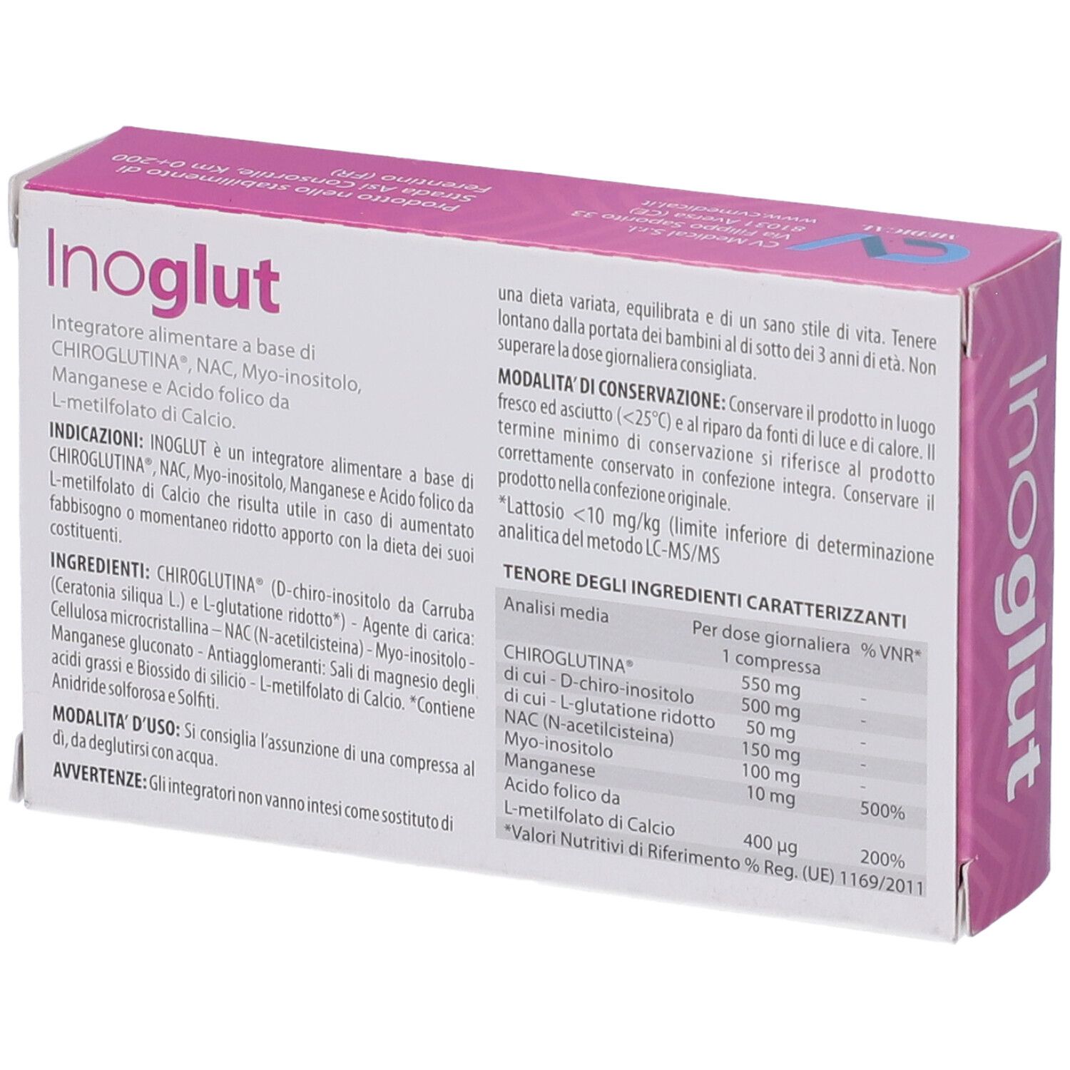 Retro della scatola rosa Inoglut. Informazioni sugli ingredienti e l'uso.