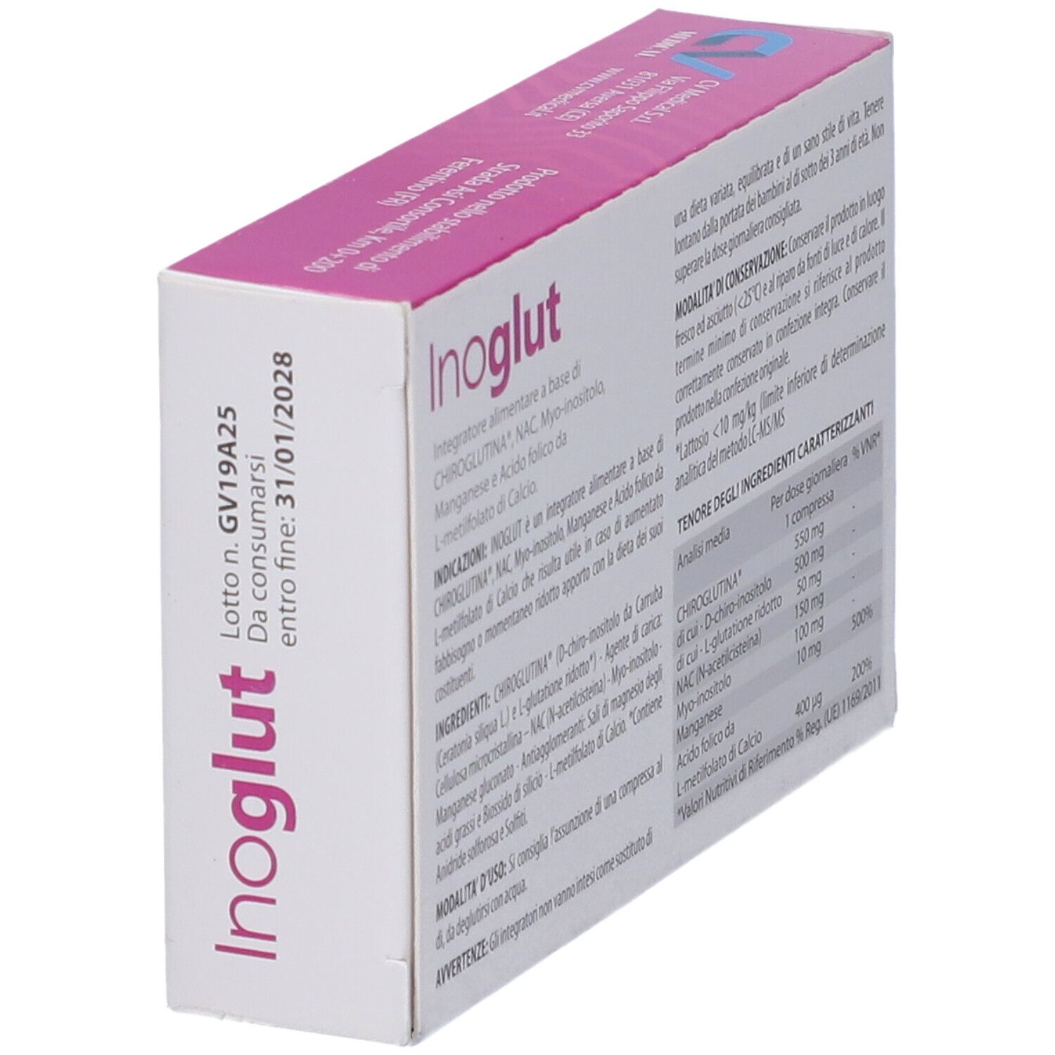 Vista obliqua della scatola rosa Inoglut. Informazioni sugli ingredienti e l'uso.