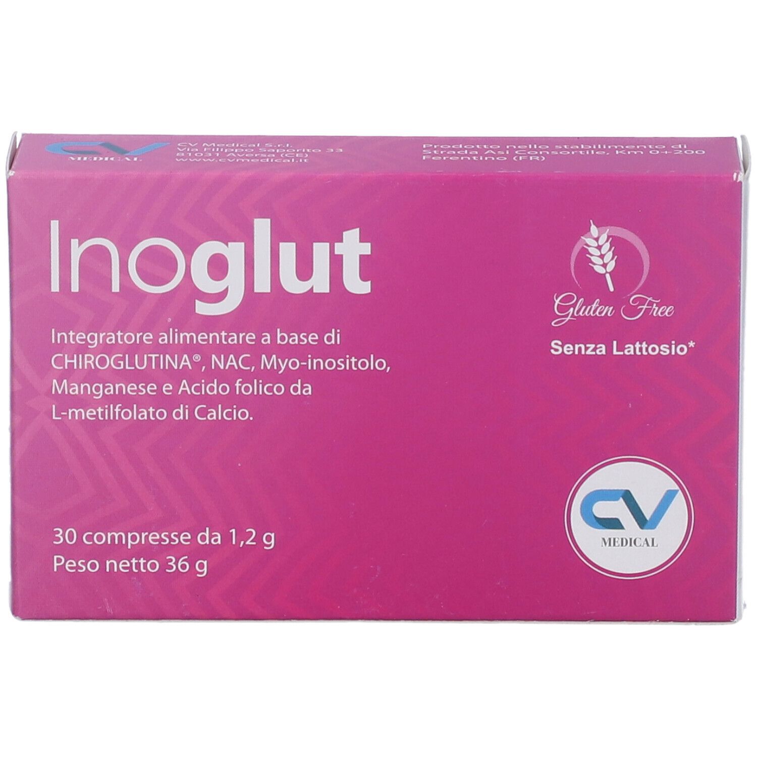 Scatola rosa Inoglut. 30 compresse. Senza glutine, senza lattosio.