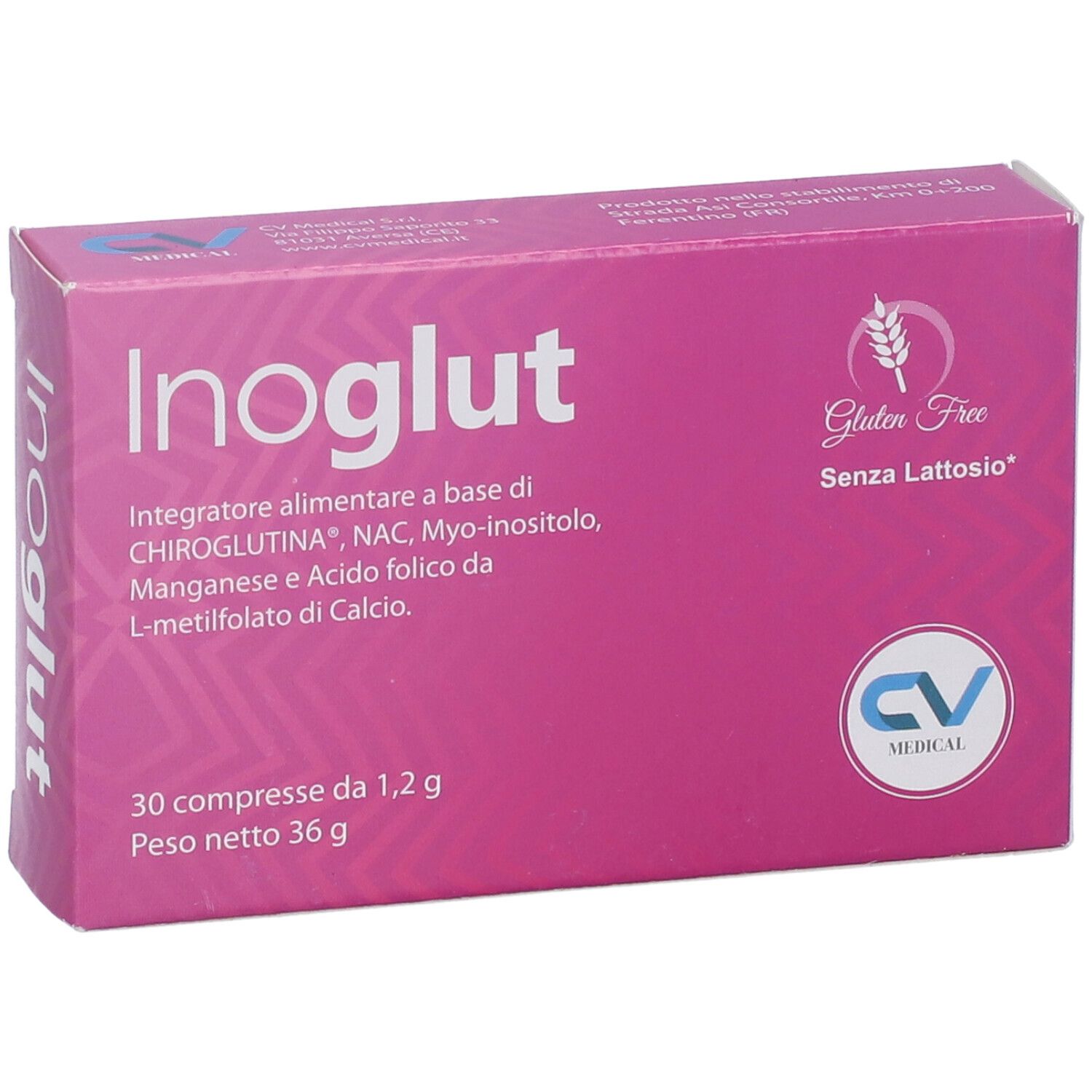 Scatola rosa Inoglut. 30 compresse. Senza glutine, senza lattosio.