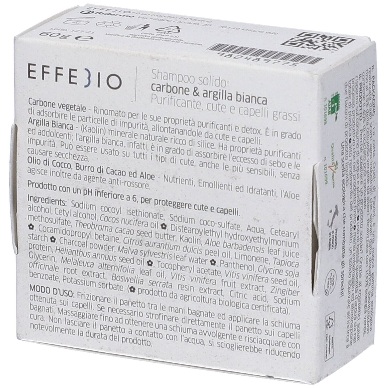 Confezione in cartone con informazioni. Logo EFFEBIO e testo. Lista ingredienti e istruzioni per l'uso.