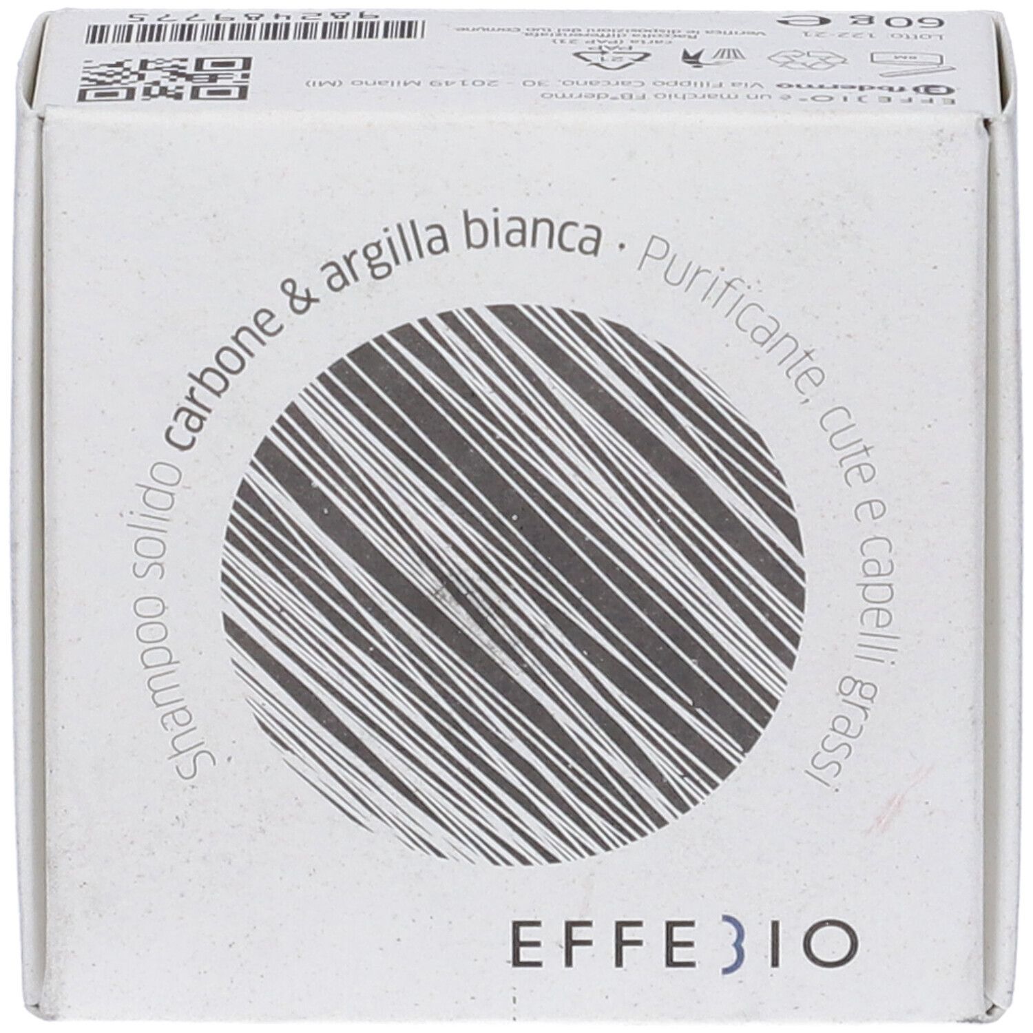 Confezione in cartone bianco. Logo EFFEBIO e testo. Motivo circolare a strisce sul fronte.
