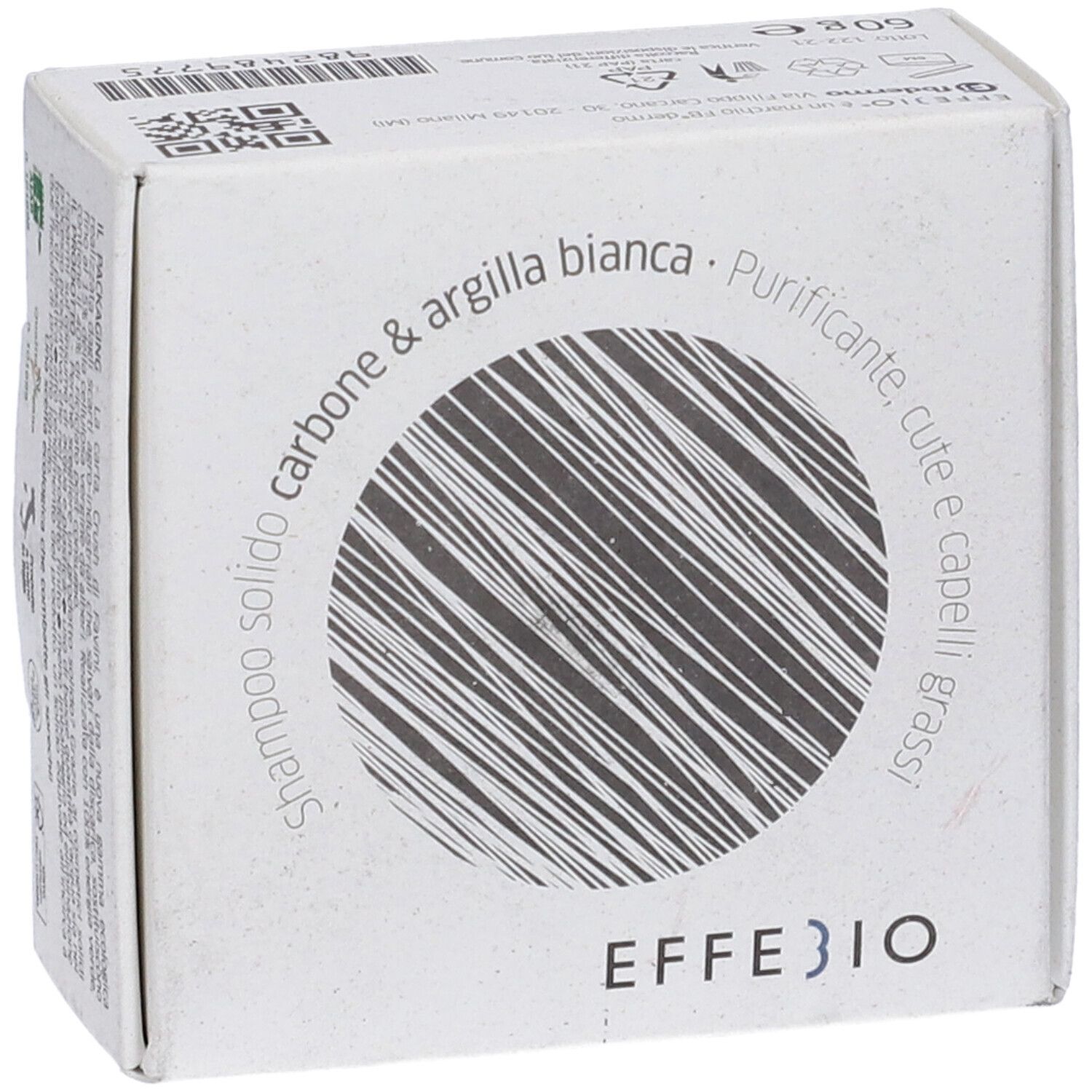 Confezione in cartone bianco. Logo EFFEBIO e testo. Motivo circolare a strisce sul fronte.