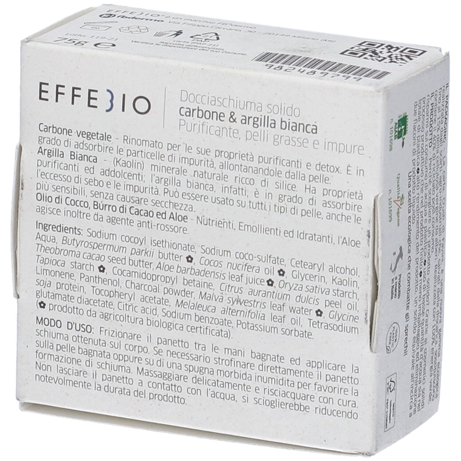 Confezione in cartone con informazioni sul prodotto. Testo: Effebio, Docciaschiuma Solido Carbone & Argilla Bianca. Ingredienti e uso.