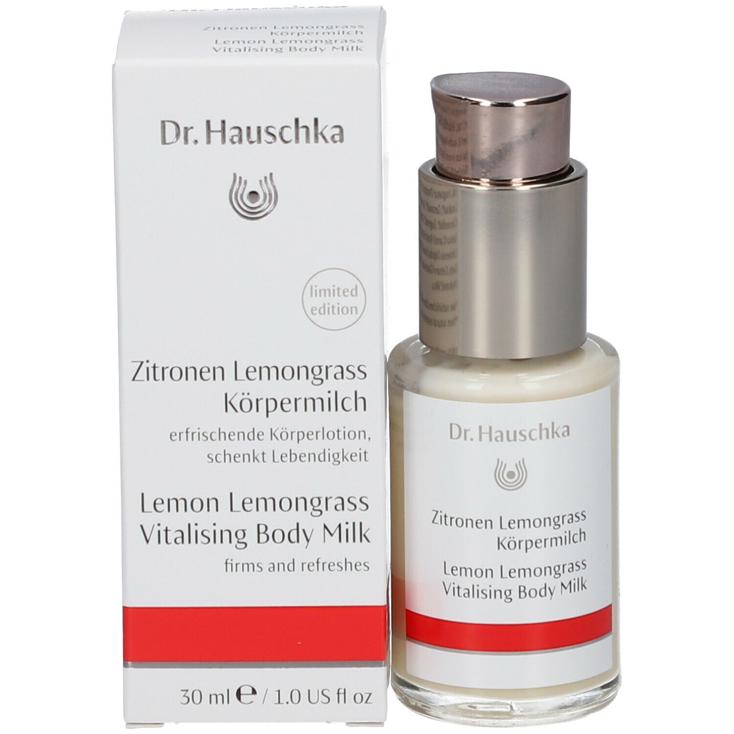 Flacone e confezione di cartone. Scritta: Dr. Hauschka, Latte corpo Limone Lemongrass. Striscia rossa. Edizione limitata.