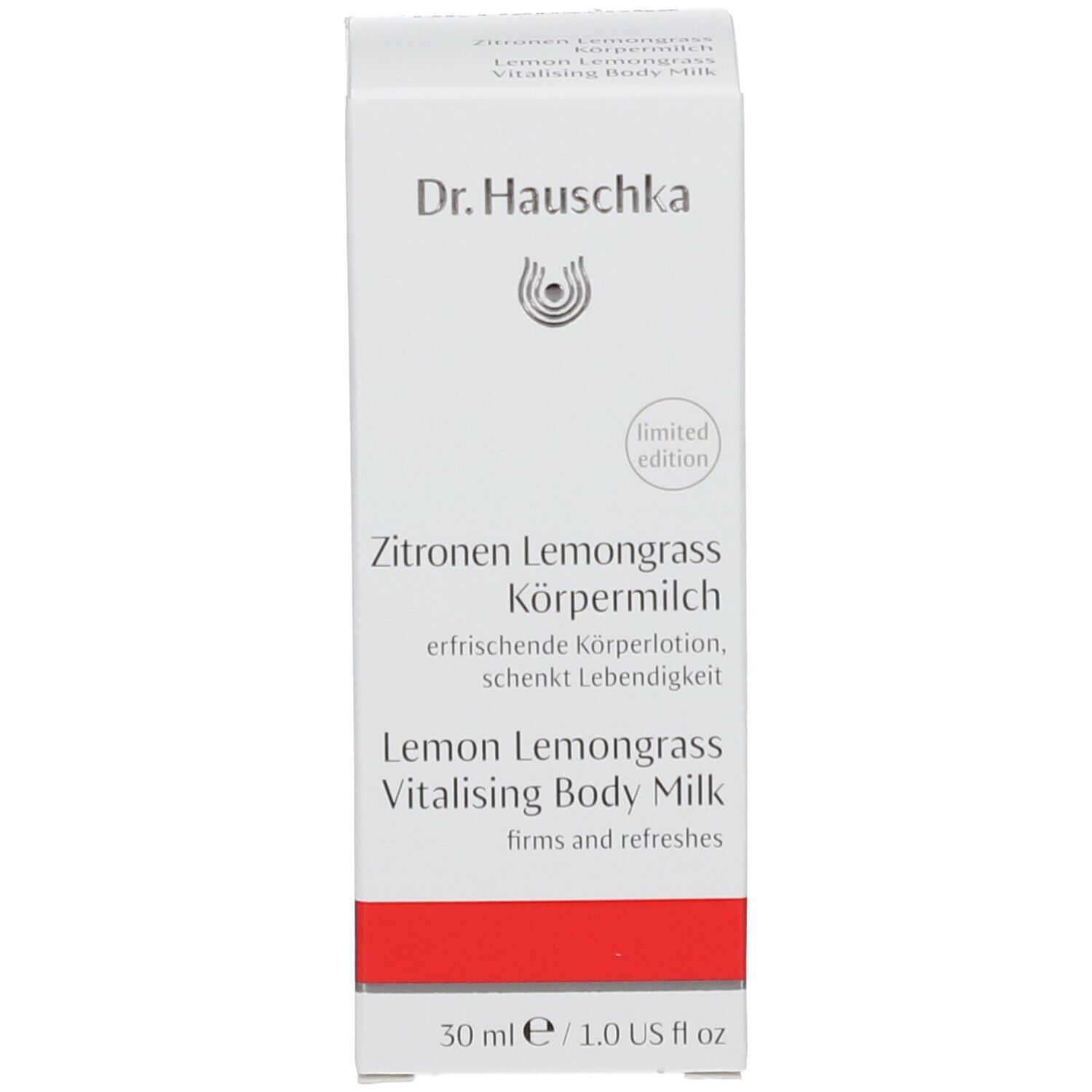 Confezione di cartone con etichetta del prodotto. Scritta: Dr. Hauschka, Latte corpo Limone Lemongrass. Striscia rossa. Edizione limitata.