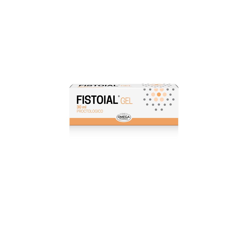 Confezione di Fistoial Gel. Scritta Fistoial Gel, 30 ml, proctologico. Punti arancioni e grigi.