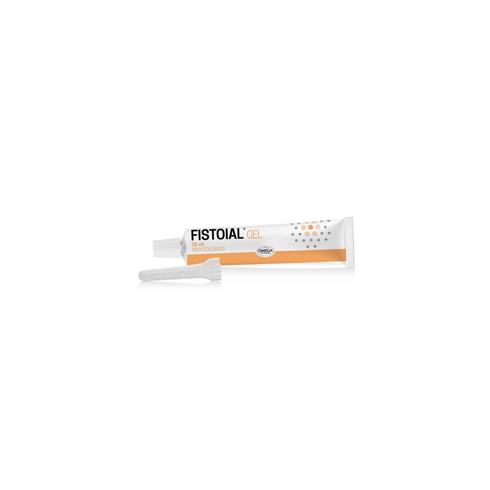 Tubo di Fistoial Gel e applicatore. Scritta Fistoial Gel. Tubo bianco con accento arancione.