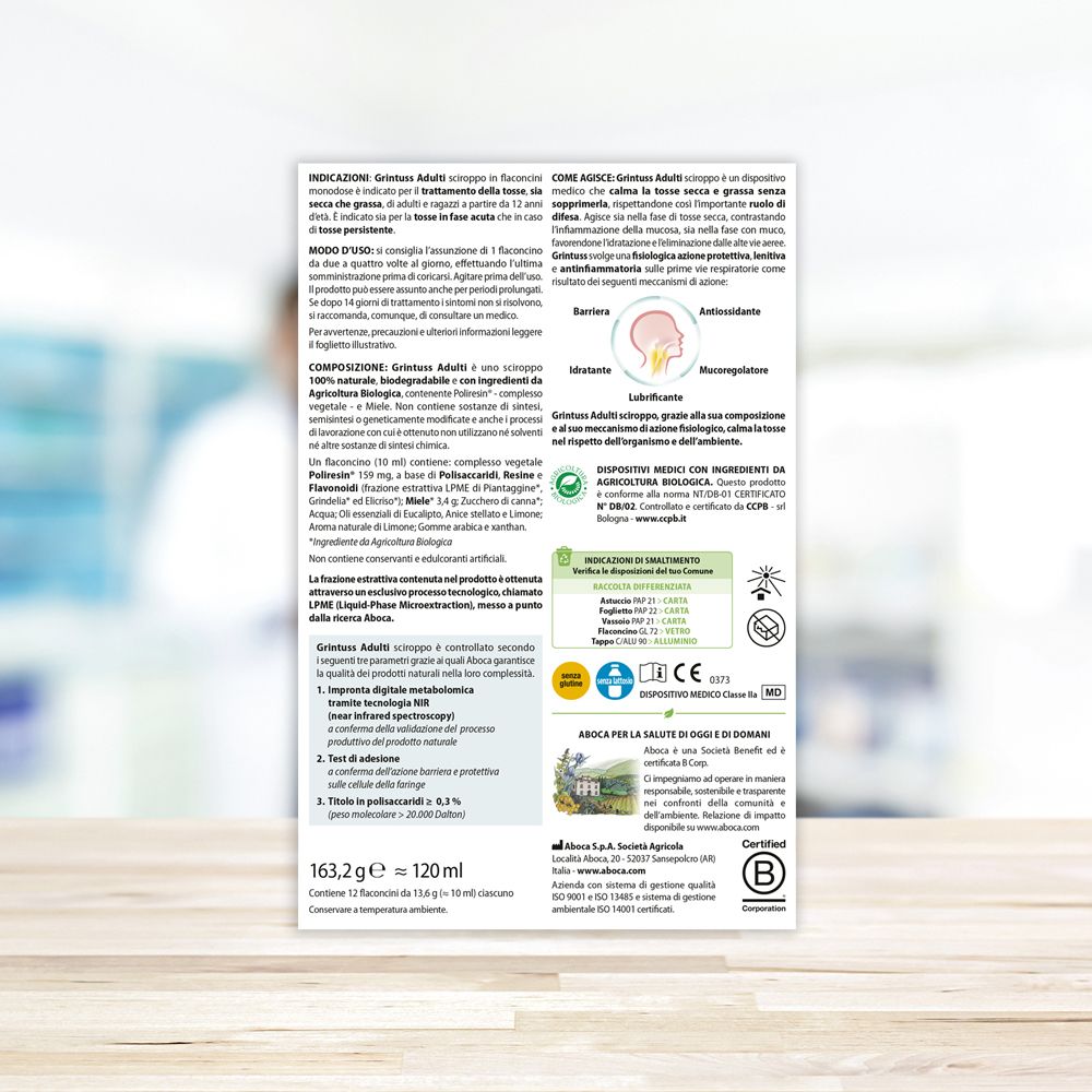 Retro scatola Grintuss Adulti. Testo in italiano. Dispositivo medico. Ingredienti e informazioni.