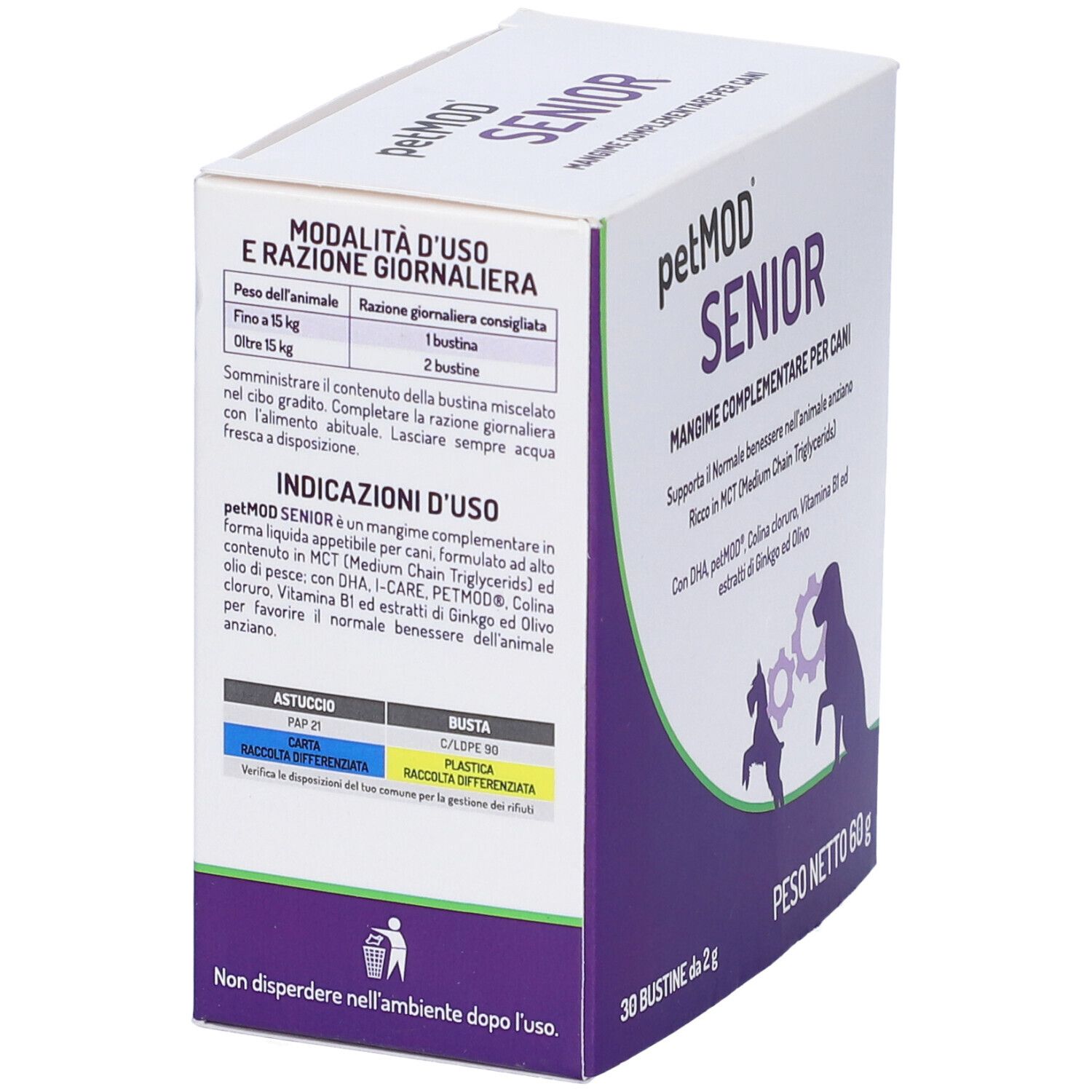 Confezione del prodotto, retro con istruzioni per l'uso e ingredienti. Scatola bianca con accenti viola.