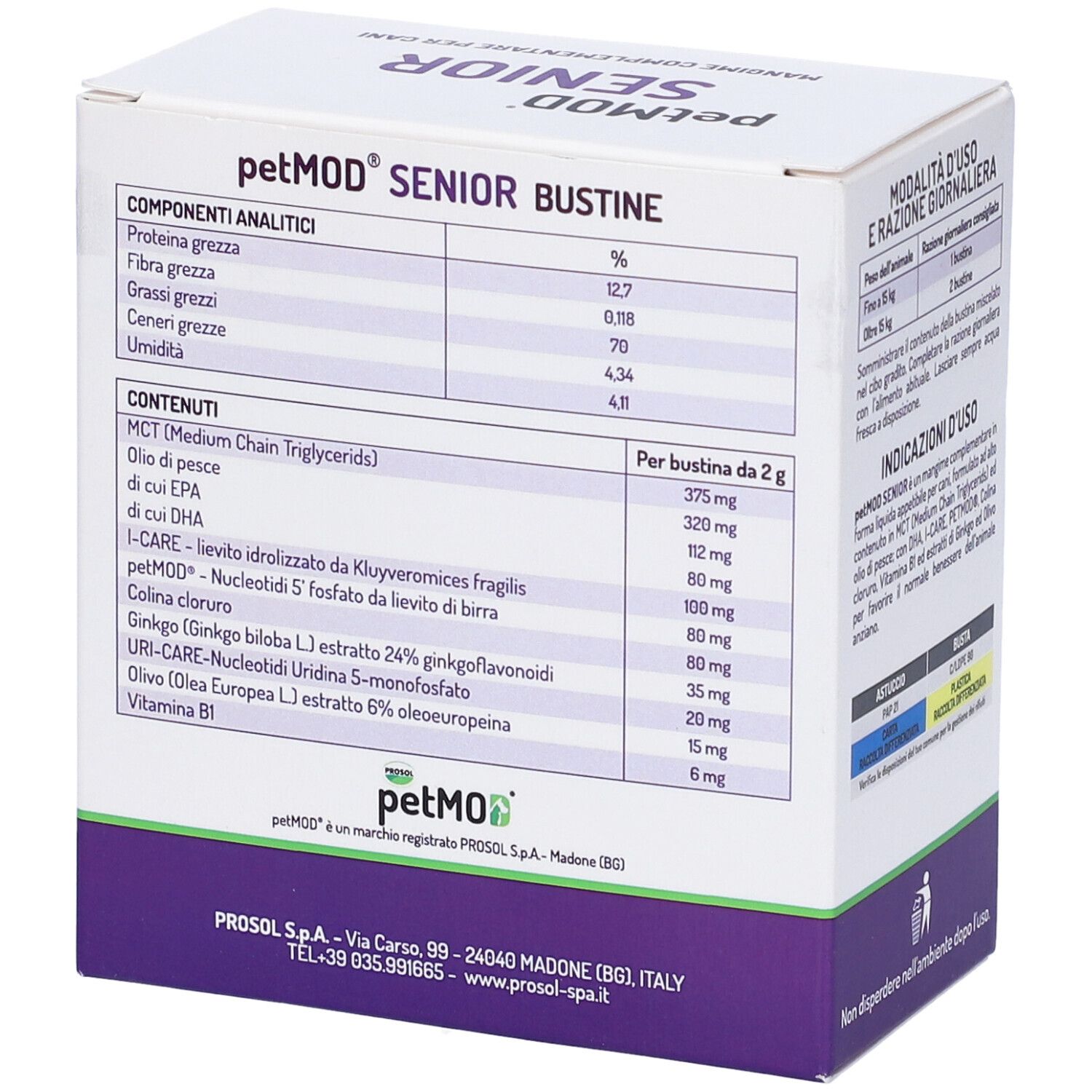 Confezione del prodotto, vista dettagliata degli ingredienti. Scatola bianca con testo e tabelle.