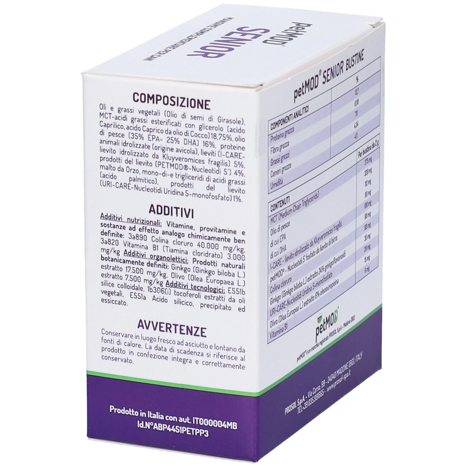 Confezione del prodotto, vista dettagliata degli ingredienti e additivi. Scatola bianca con testo.