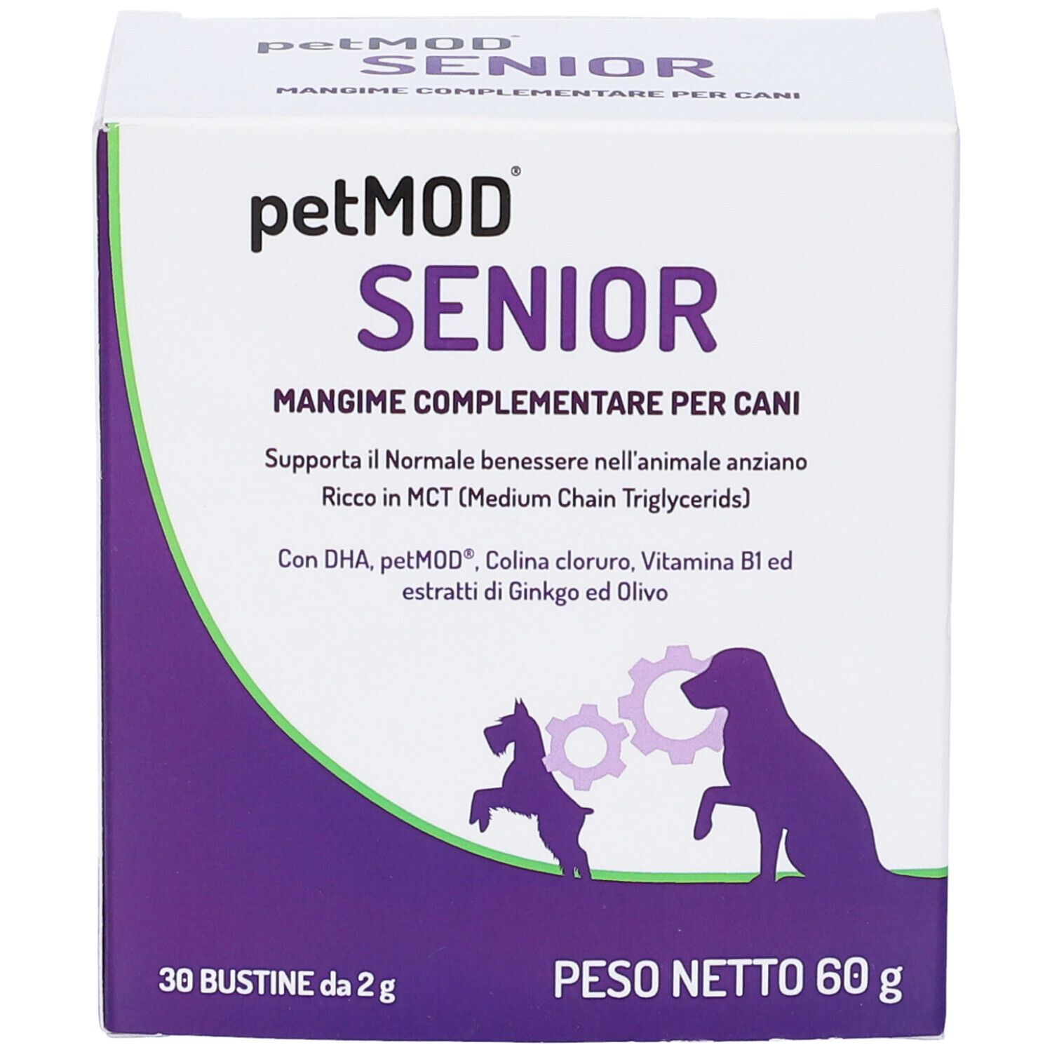 Confezione del prodotto. Testo: petMOD SENIOR, 30 bustine, 60g. Confezione viola e bianca con silhouette di cane.