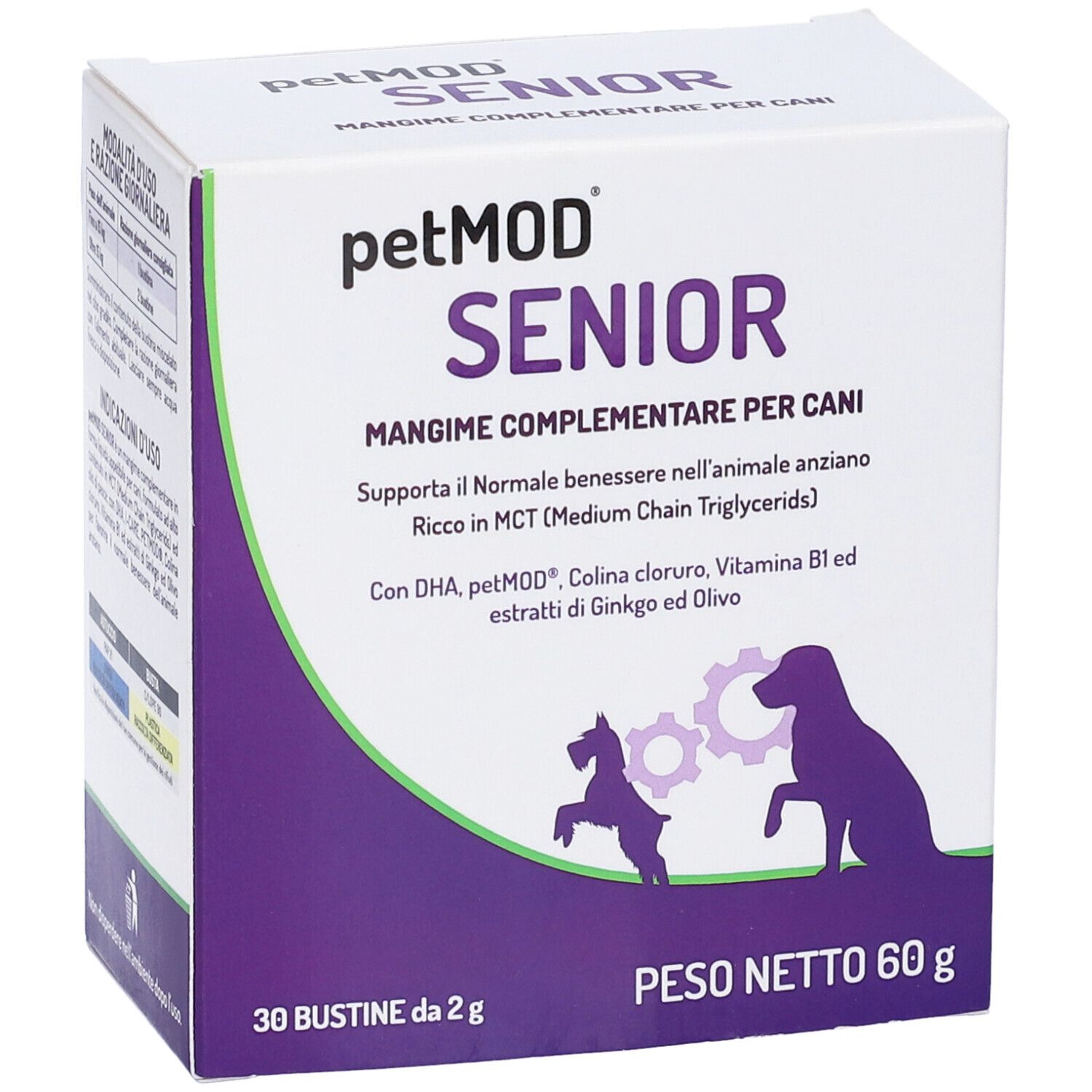 Confezione del prodotto. Testo: petMOD SENIOR, 30 bustine, 60g. Confezione viola e bianca con silhouette di cane.