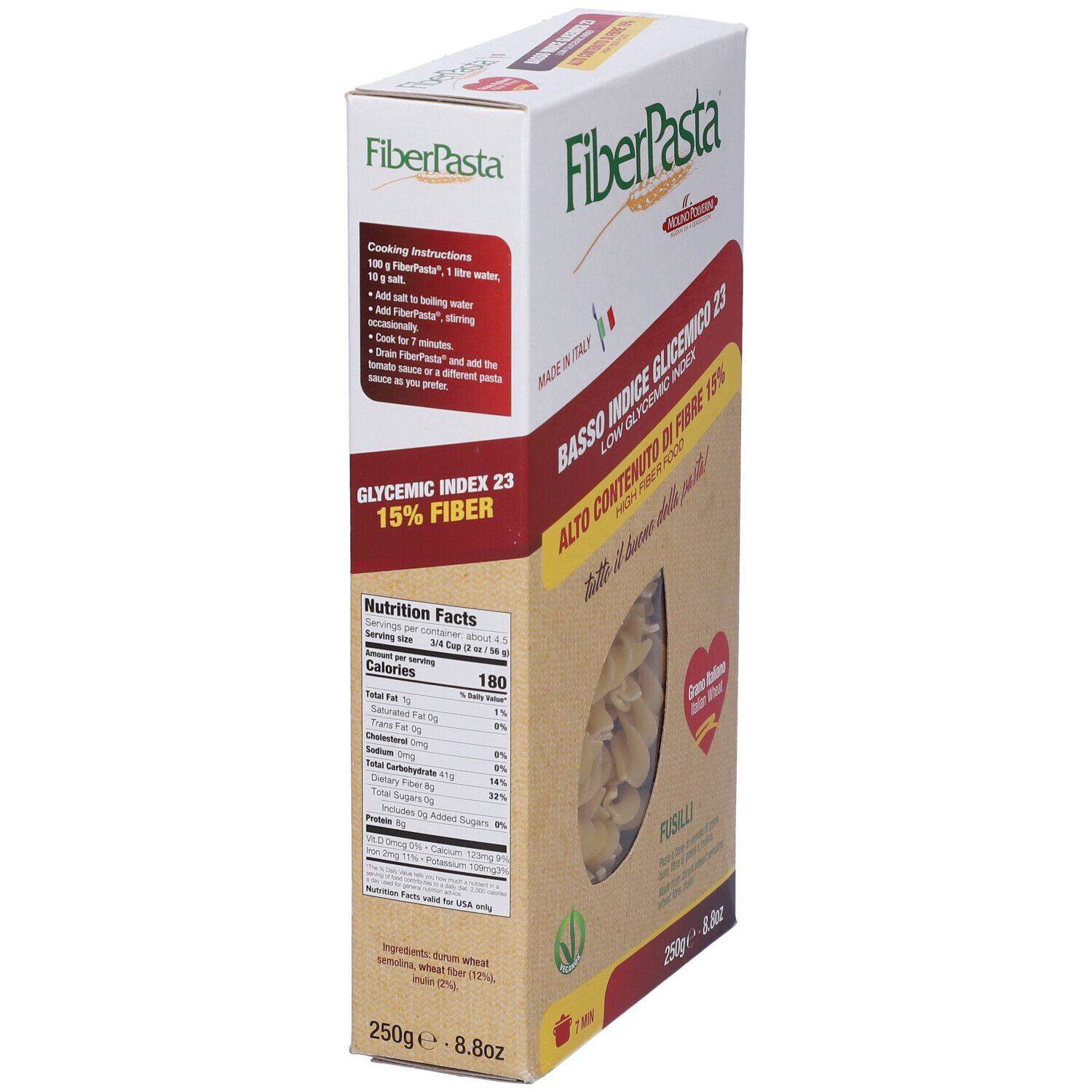 Lato confezione FiberPasta con informazioni nutrizionali e istruzioni di cottura. Scritta: Glycemic Index 23, 15% Fiber.