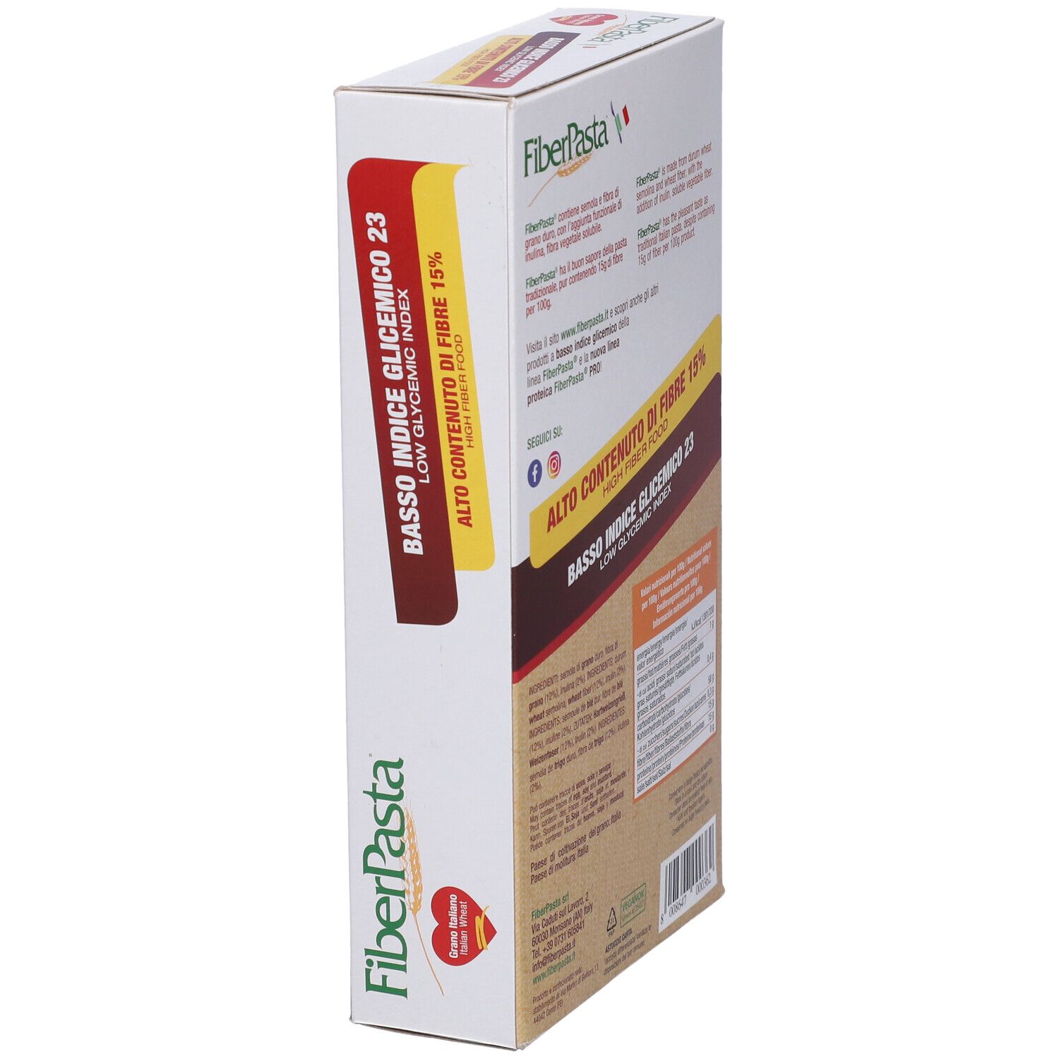 Lato confezione FiberPasta. Scritta: Basso Indice Glicemico 23, Alto Contenuto di Fibre 15%.