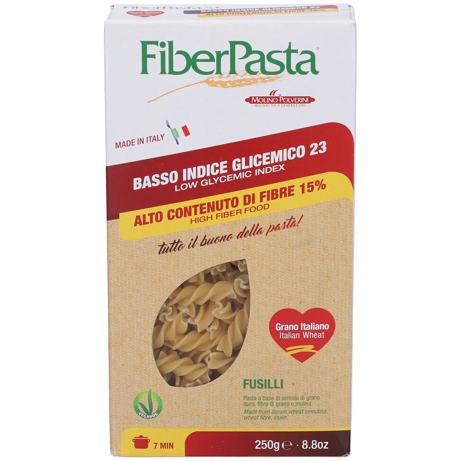 Confezione di FiberPasta Fusilli. Scritta: Basso Indice Glicemico 23, Alto Contenuto di Fibre 15%. Forma fusilli.