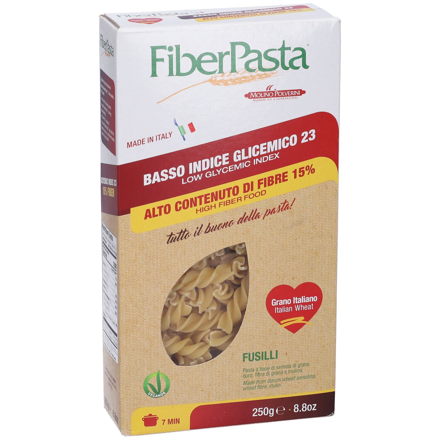 Confezione di FiberPasta Fusilli. Scritta: Basso Indice Glicemico 23, Alto Contenuto di Fibre 15%. Forma fusilli.