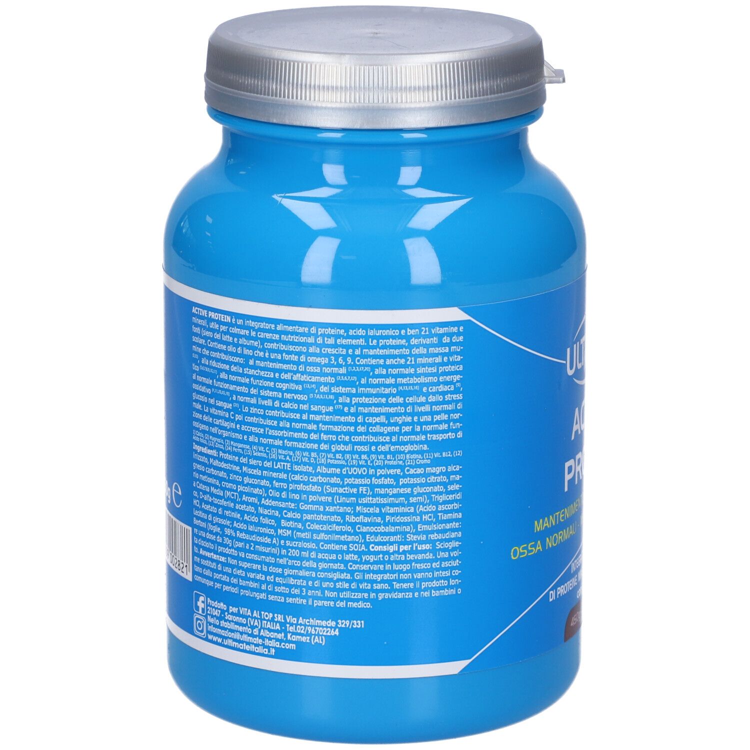 Retro del barattolo blu. Informazioni testuali e nutrizionali. Coperchio argentato.