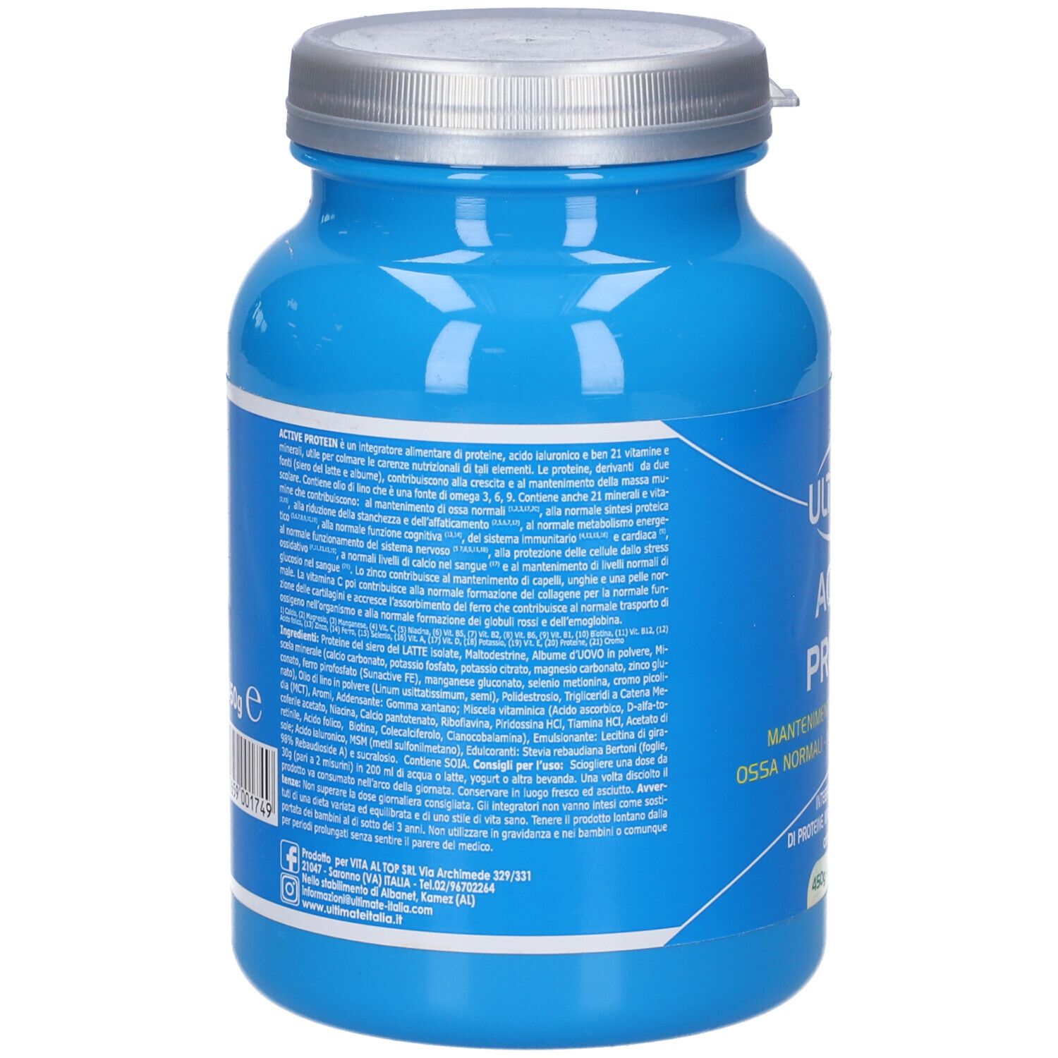 Barattolo blu con testo. Retro con informazioni sugli ingredienti e produttore. Coperchio argentato.