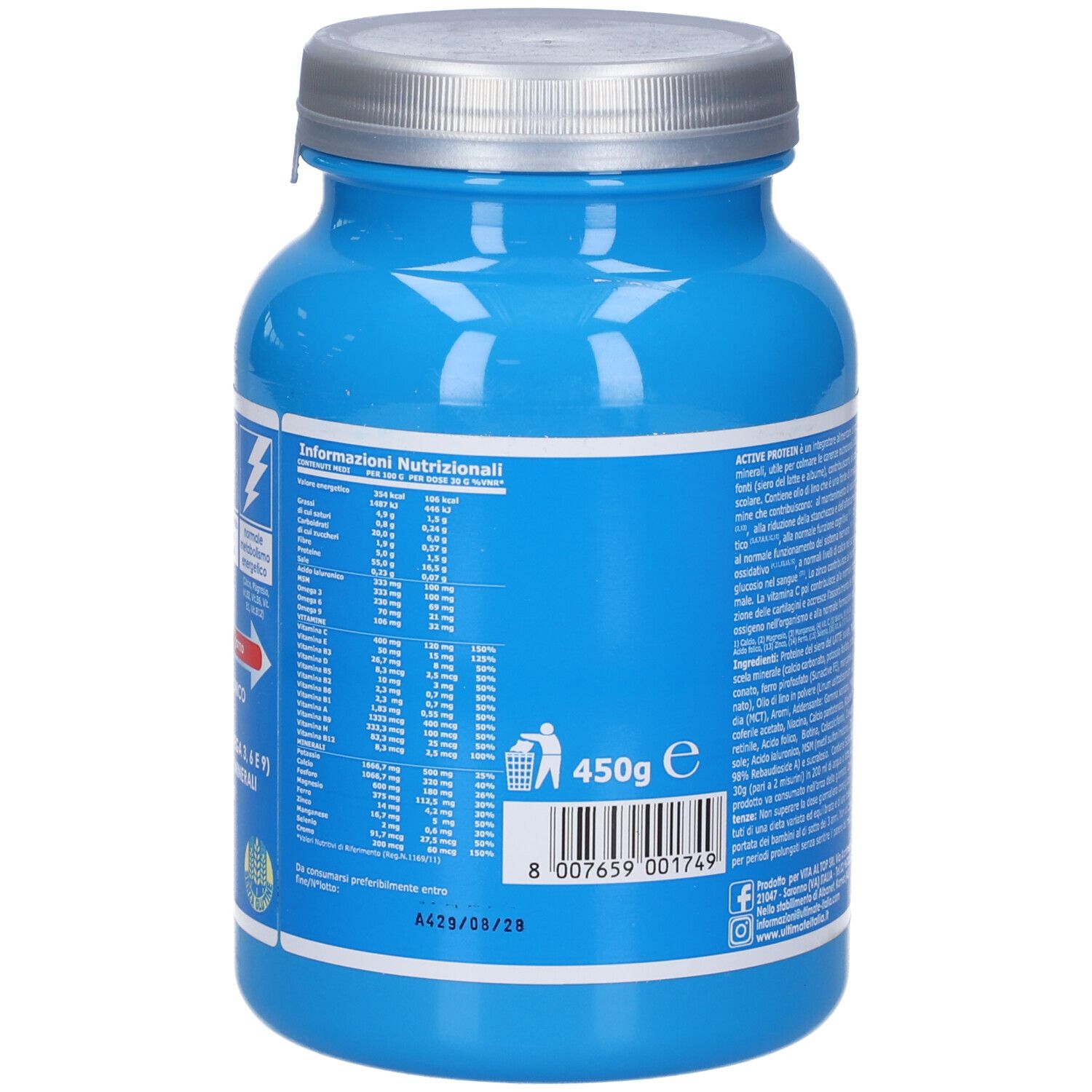 Barattolo blu con informazioni nutrizionali. Coperchio argentato. 450g. Codice a barre e data di scadenza.